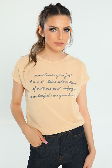 Bej Kısa Kollu Baskılı Salaş Kadın T-shirt 450115