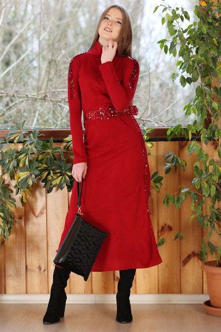 Kırmızı Bel Lastikli Pullu Triko Elbise 162553