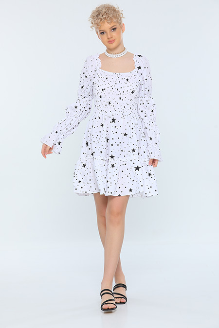 Beyaz Kadın Likralı Yıldız Baskılı Mini Elbise 476197