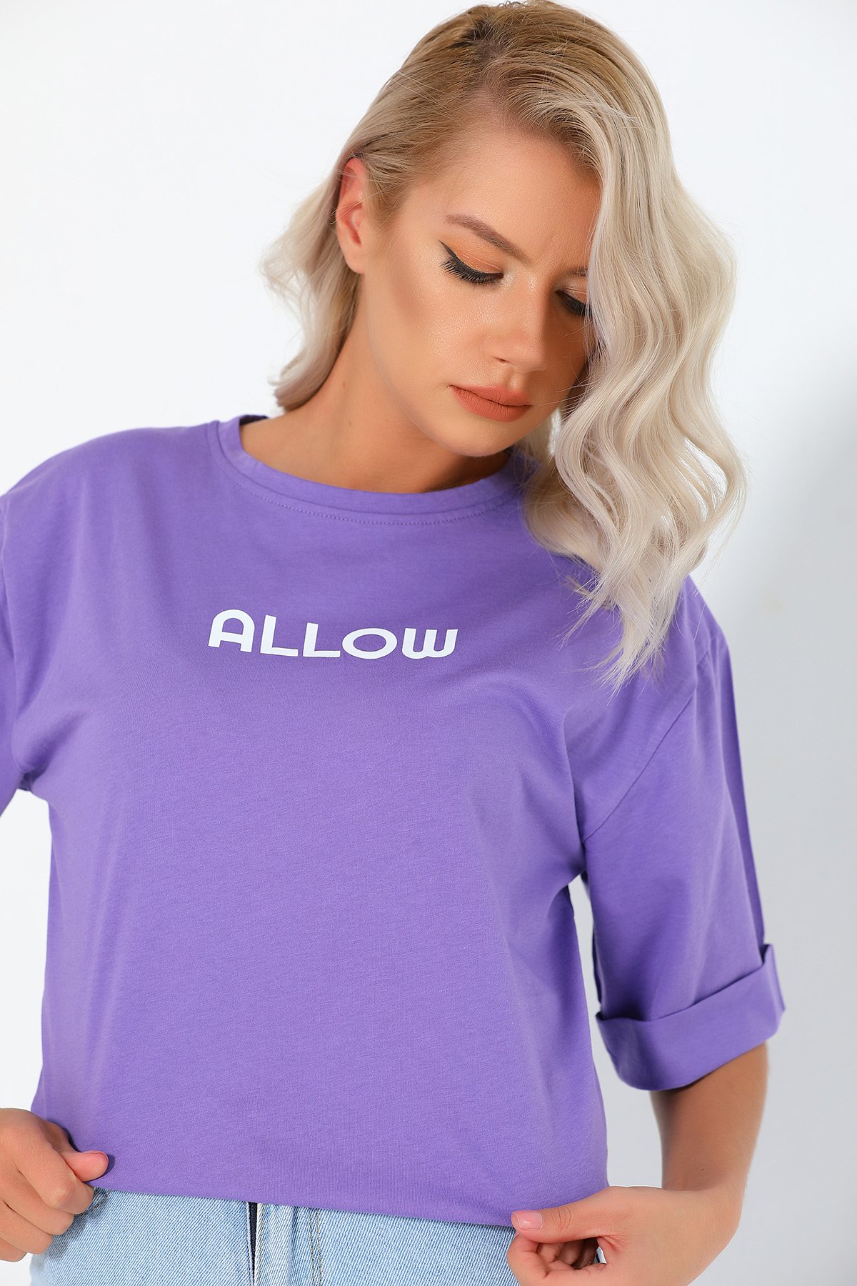 Lila Allow Baskılı Yarım Kol Katlamalı Kadın T-shirt