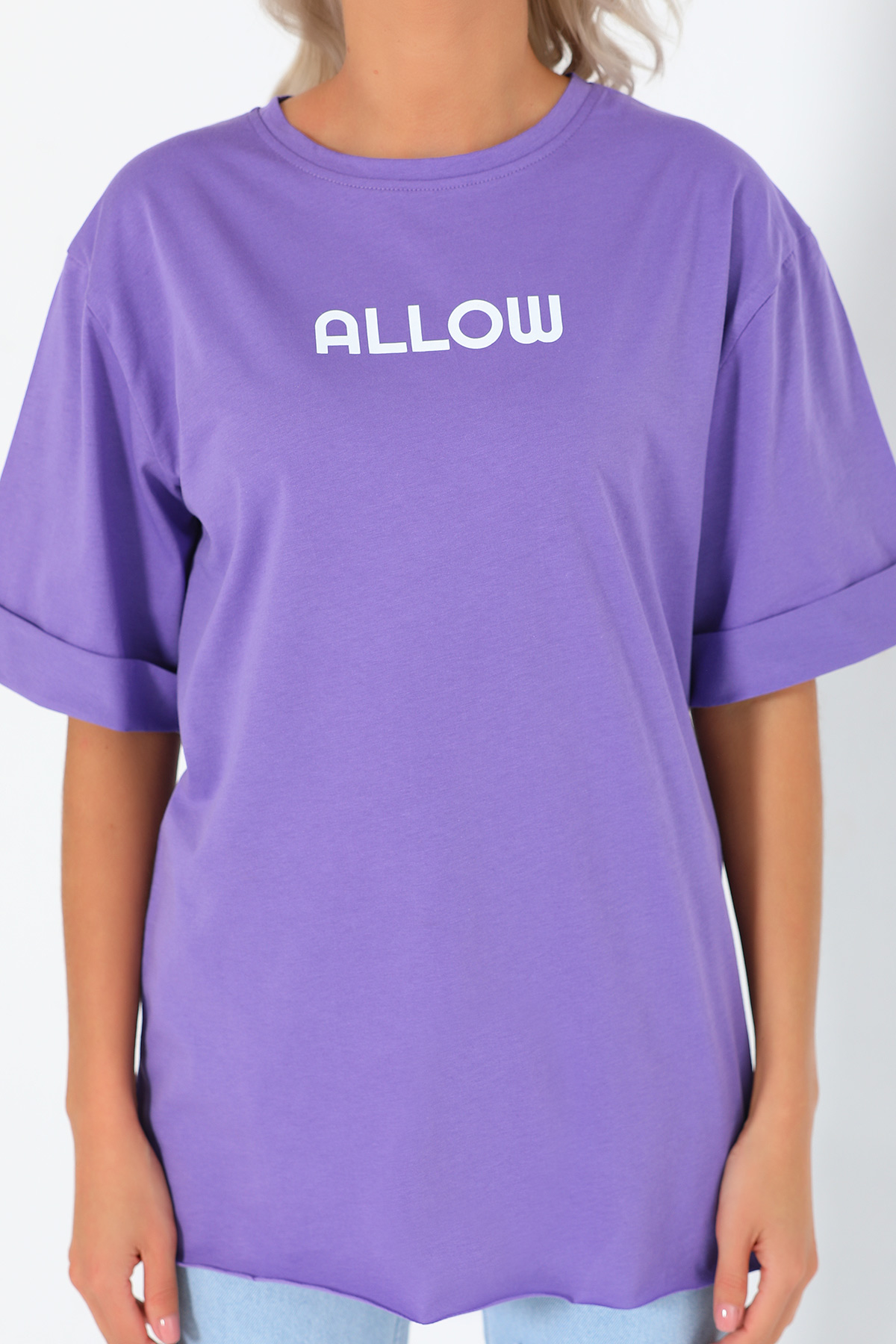 Lila Allow Baskılı Yarım Kol Katlamalı Kadın T-shirt