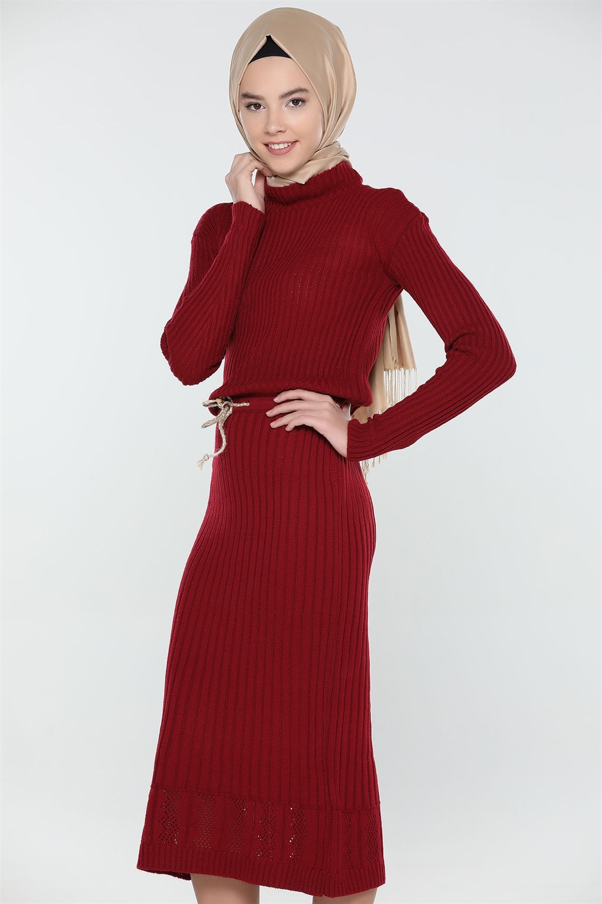 Kırmızı Bel Büzgülü Triko Elbise 255956- tozlu.com