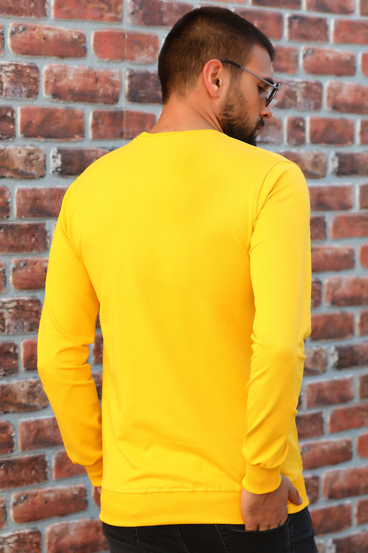 Sarı Bisiklet Yaka Uzun Kollu Renk Baskılı Erkek Sweatshirt