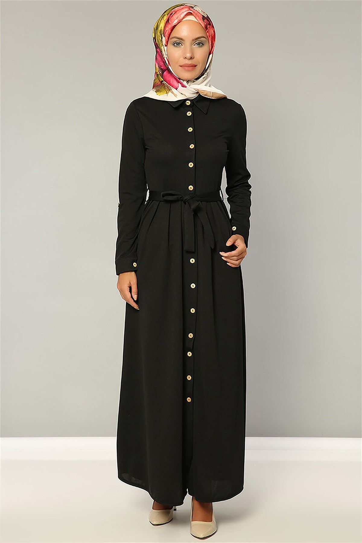 Siyah Boydan Tahta Düğmeli Kuşaklı 5232 Elbise 166406- tozlu.com