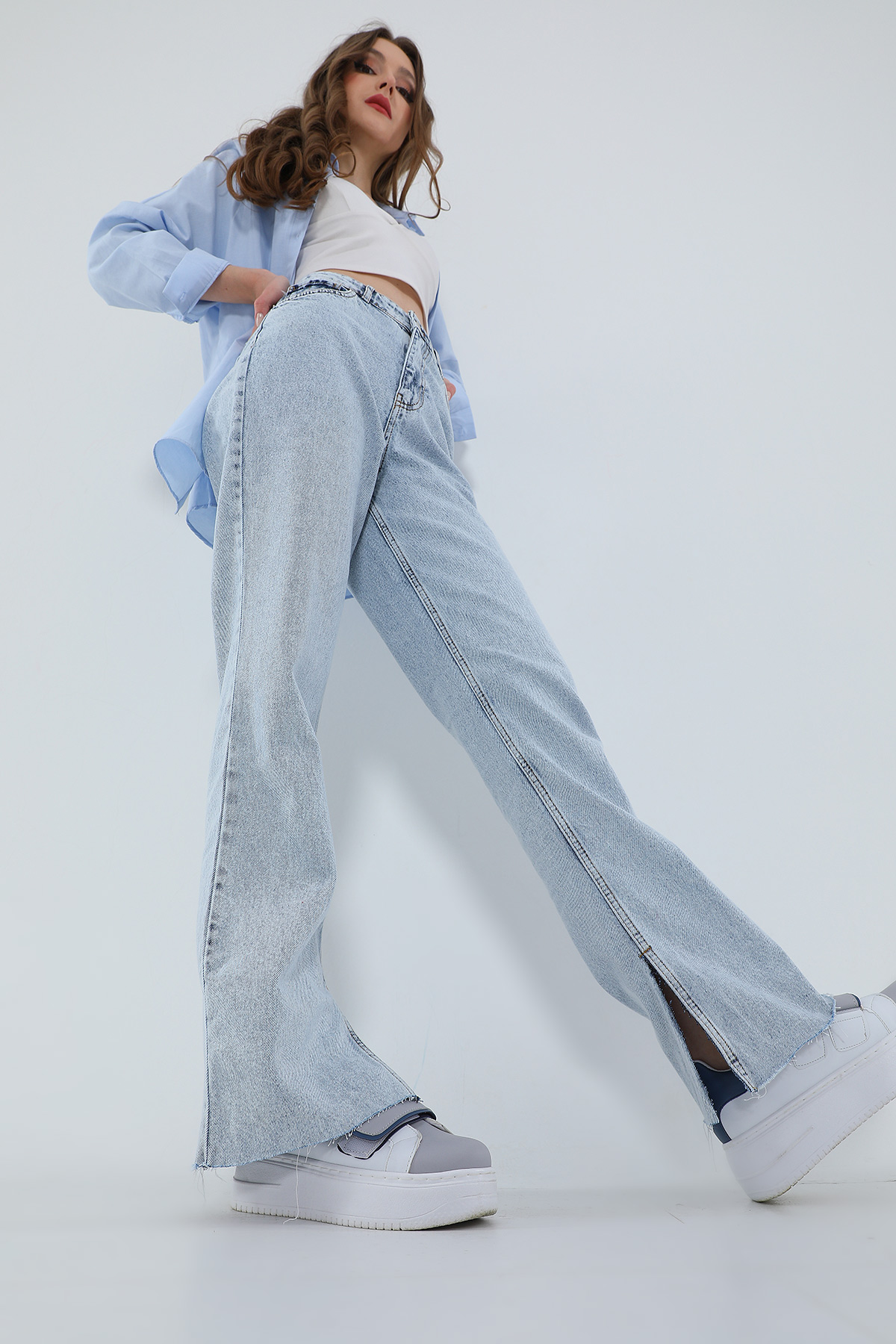BuzMavisi Kadın Yüksek Bel Yırtmaçlı Slim Flare Jean Pantolon