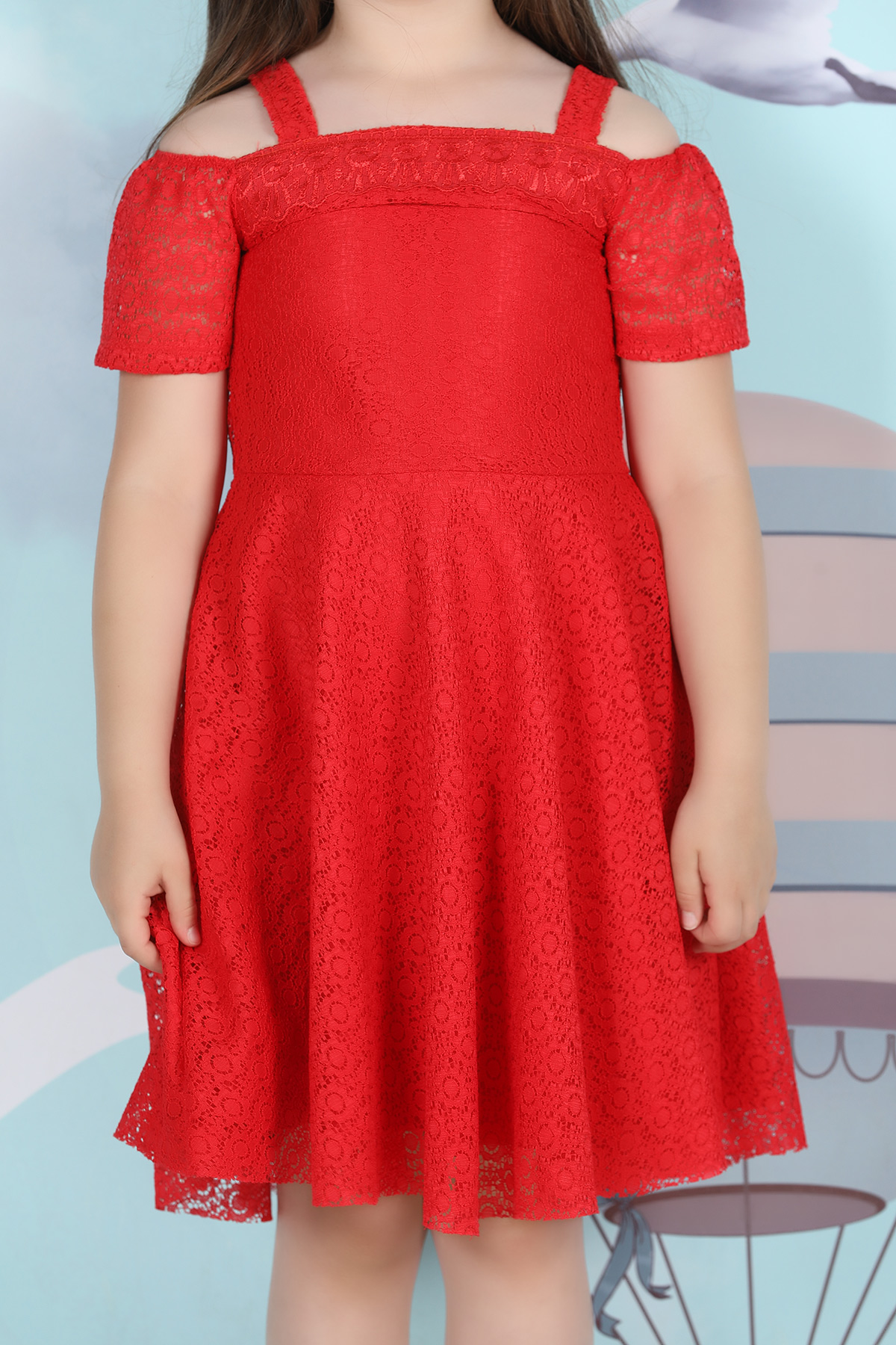 Kırmızı Dantelli Omuz Açık Kız Çocuk Elbise