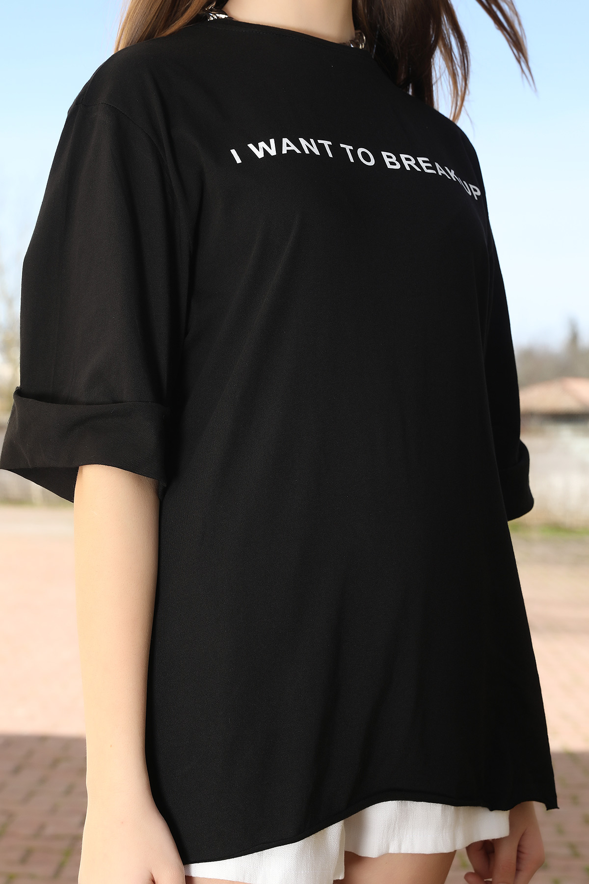 Siyah Duble Kol Baskılı T-shirt 330695- tozlu.com