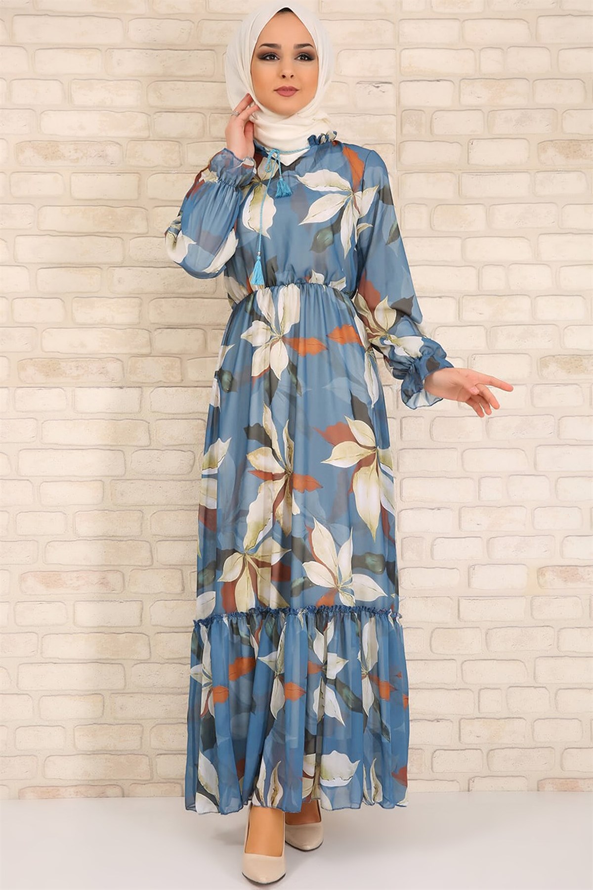 Mavi Fırfırlı Şifon Tesettür Elbise 5623-1 194360- tozlu.com