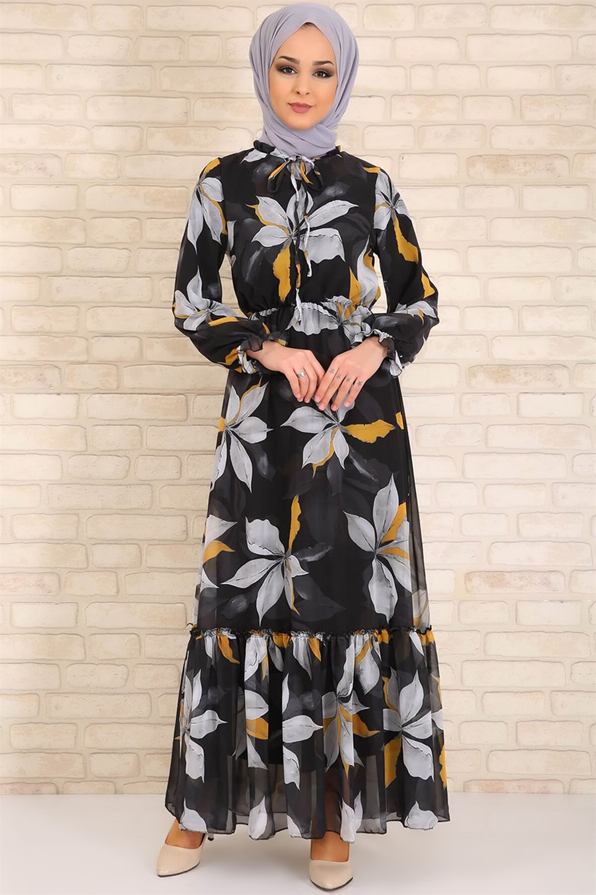 Siyah Fırfırlı Şifon Tesettür Elbise 5623-12 194363- tozlu.com