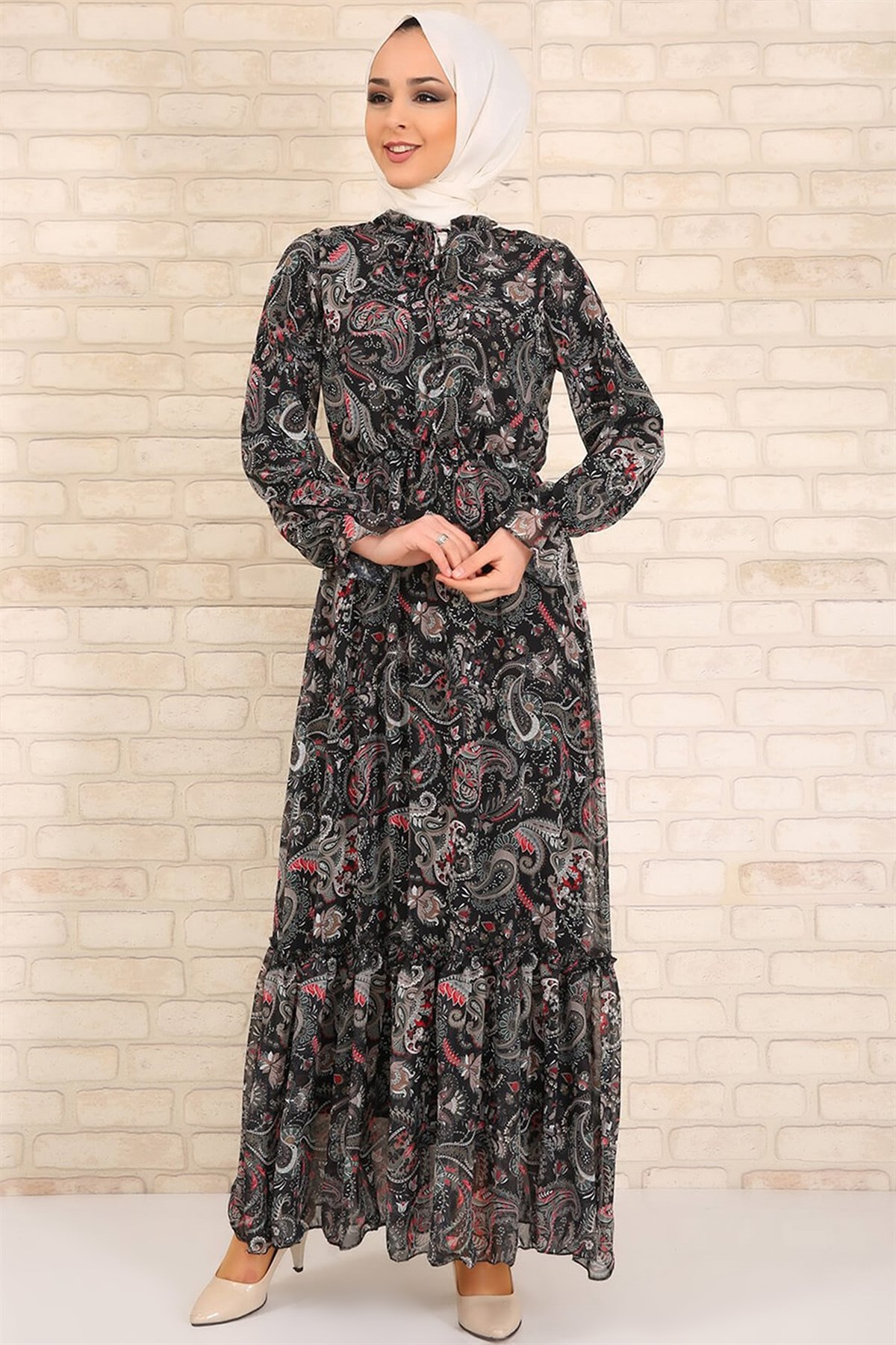 Siyah Fırfırlı Şifon Tesettür Elbise 5623-4 194367- tozlu.com