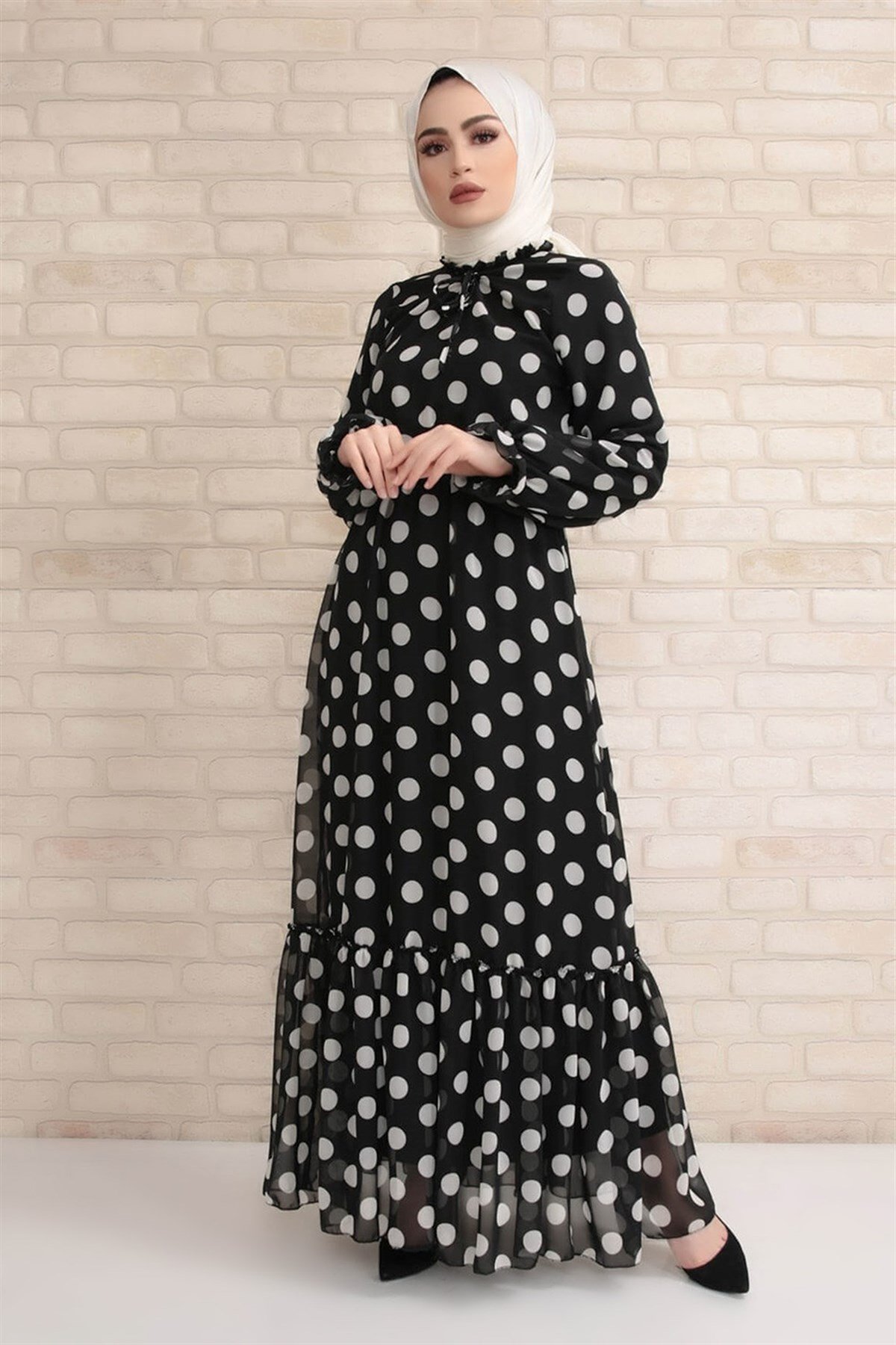 Siyah Fırfırlı Şifon Tesettür Elbise Anq1185 194413- tozlu.com