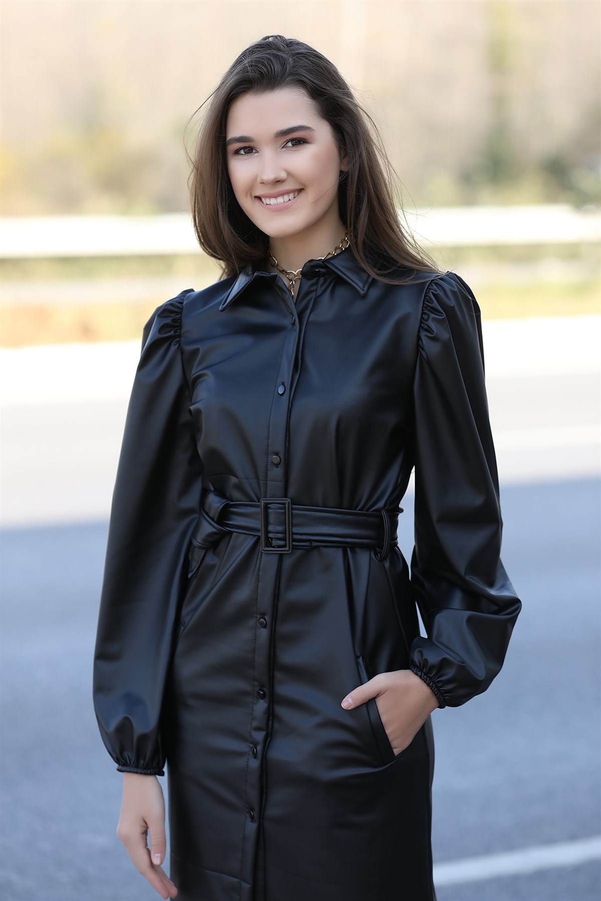 Siyah Düğmeli Deri Elbise 277320- tozlu.com
