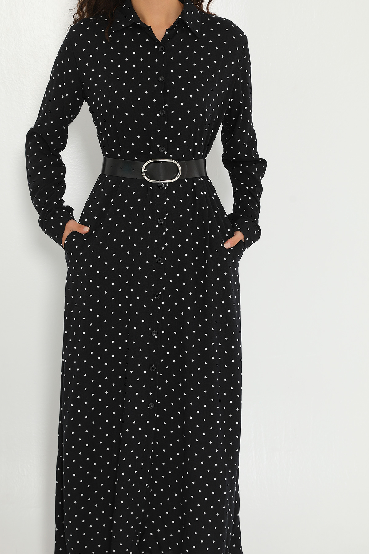 Siyah Gömlek Yaka Puantiyeli Kadın Elbise 441328- tozlu.com