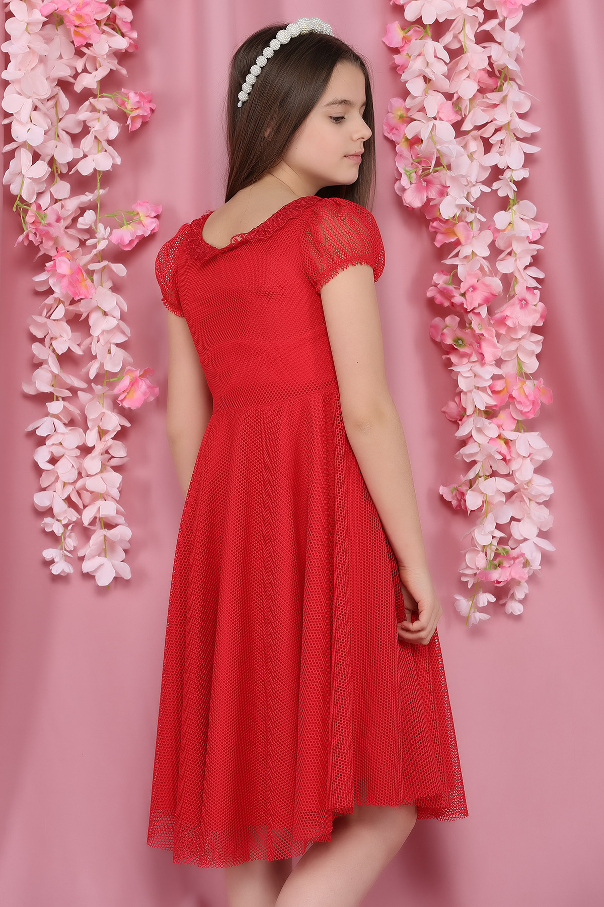 Kırmızı Güpürlü Fileli Kız Çocuk Elbise 316504- tozlu.com
