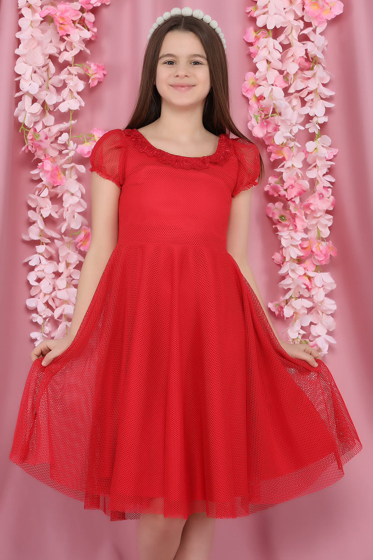 Kırmızı Güpürlü Fileli Kız Çocuk Elbise 316504- tozlu.com