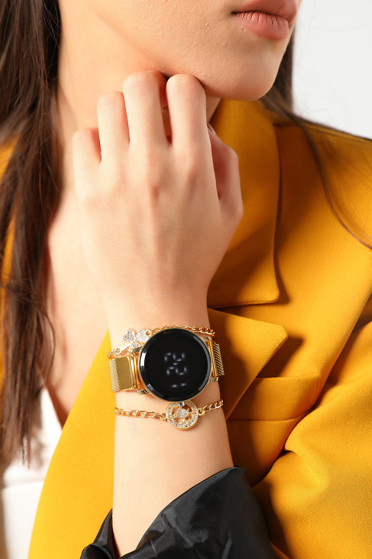Altın Hasır Kordonlu Dijital Led Kadın Saat Ve Bileklik Kombini