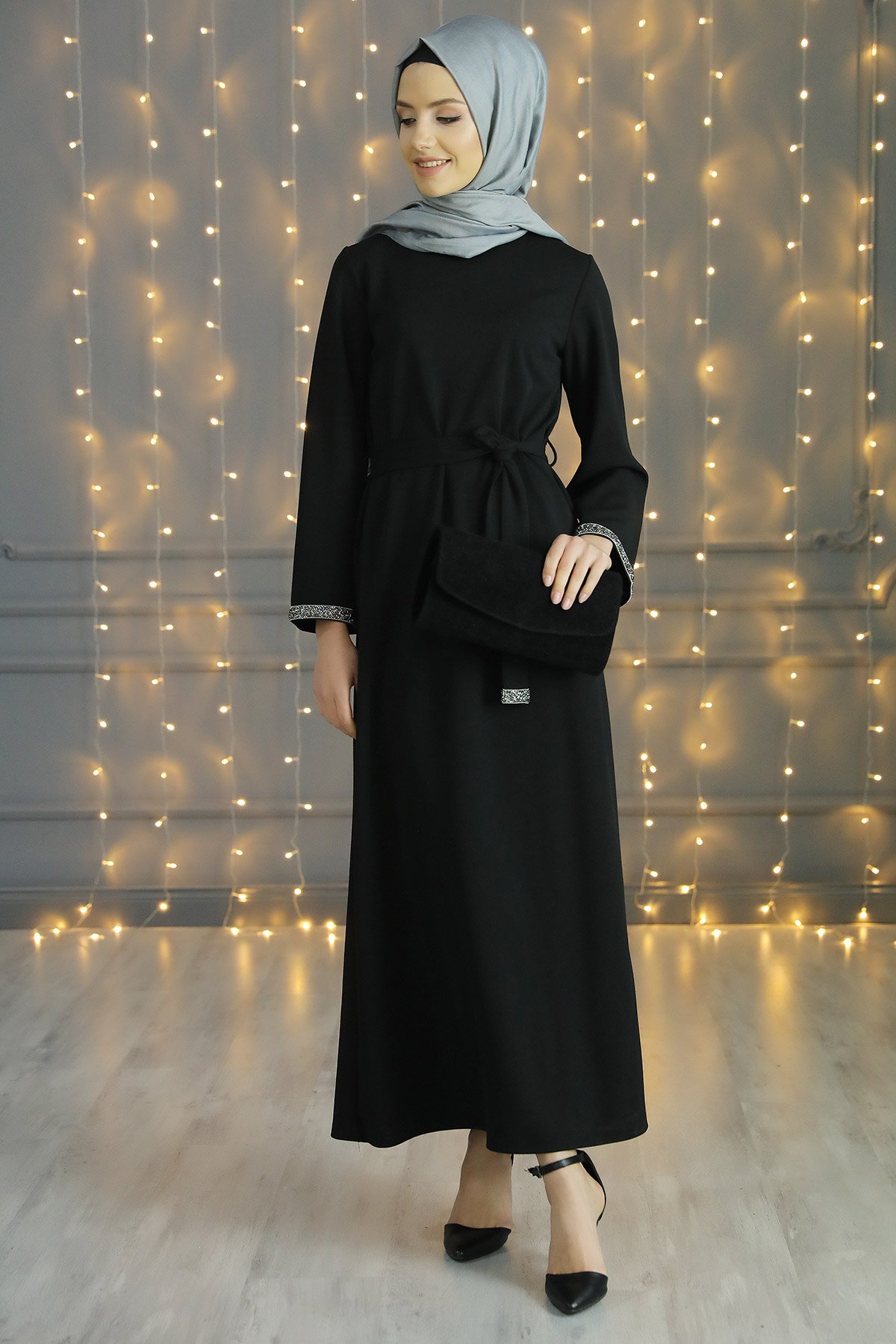 Siyah İspanyol Kol Taş Detaylı Abiye Elbise 290782- tozlu.com
