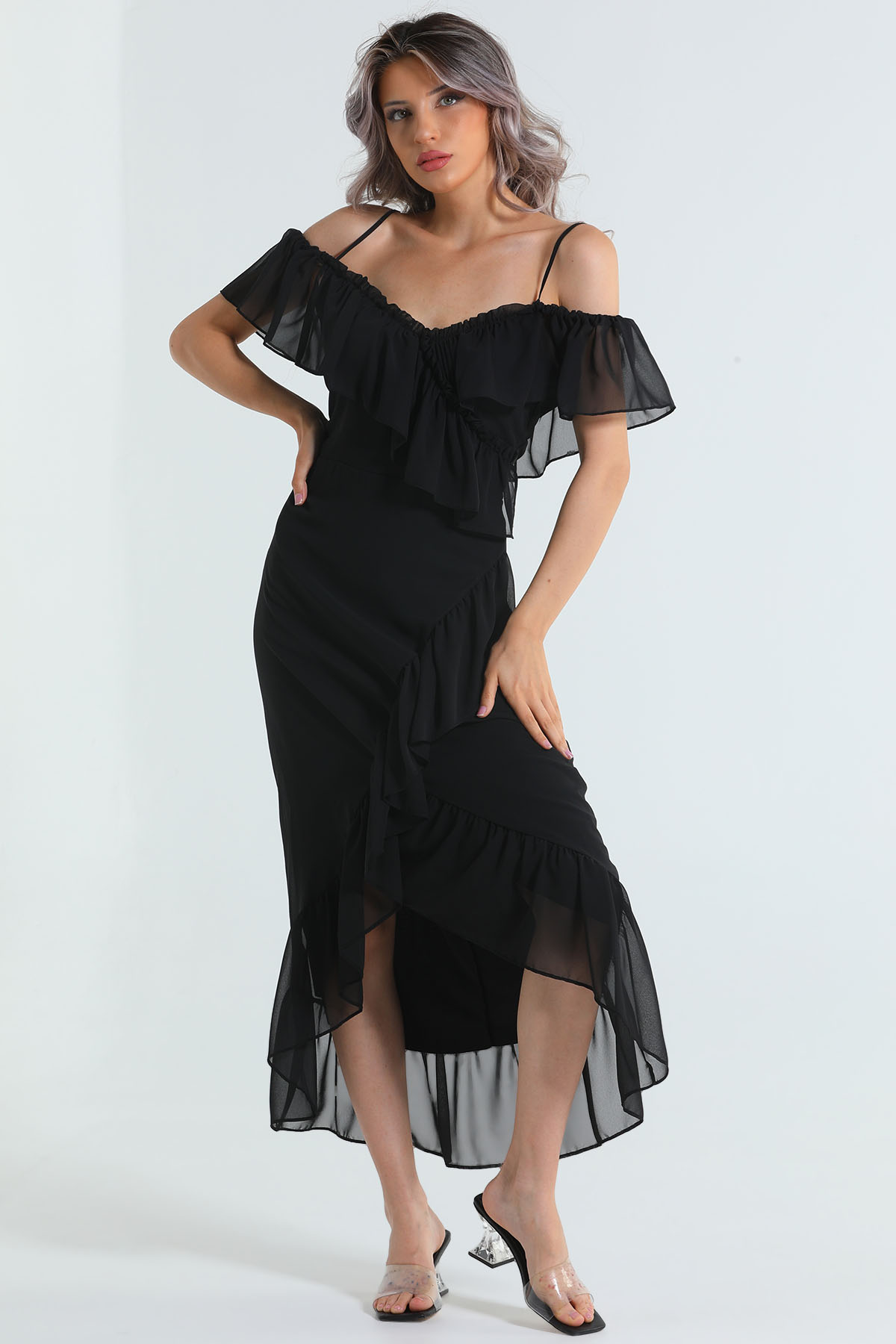 Kadın Askılı Fırfırlı Şifon Elbise Siyah 503043 - tozlu.com