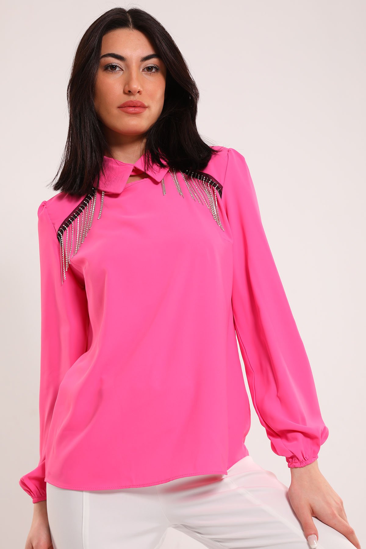 Kadın Gömlek Yaka Taş Detaylı Bluz Fuşya 495434 - tozlu.com