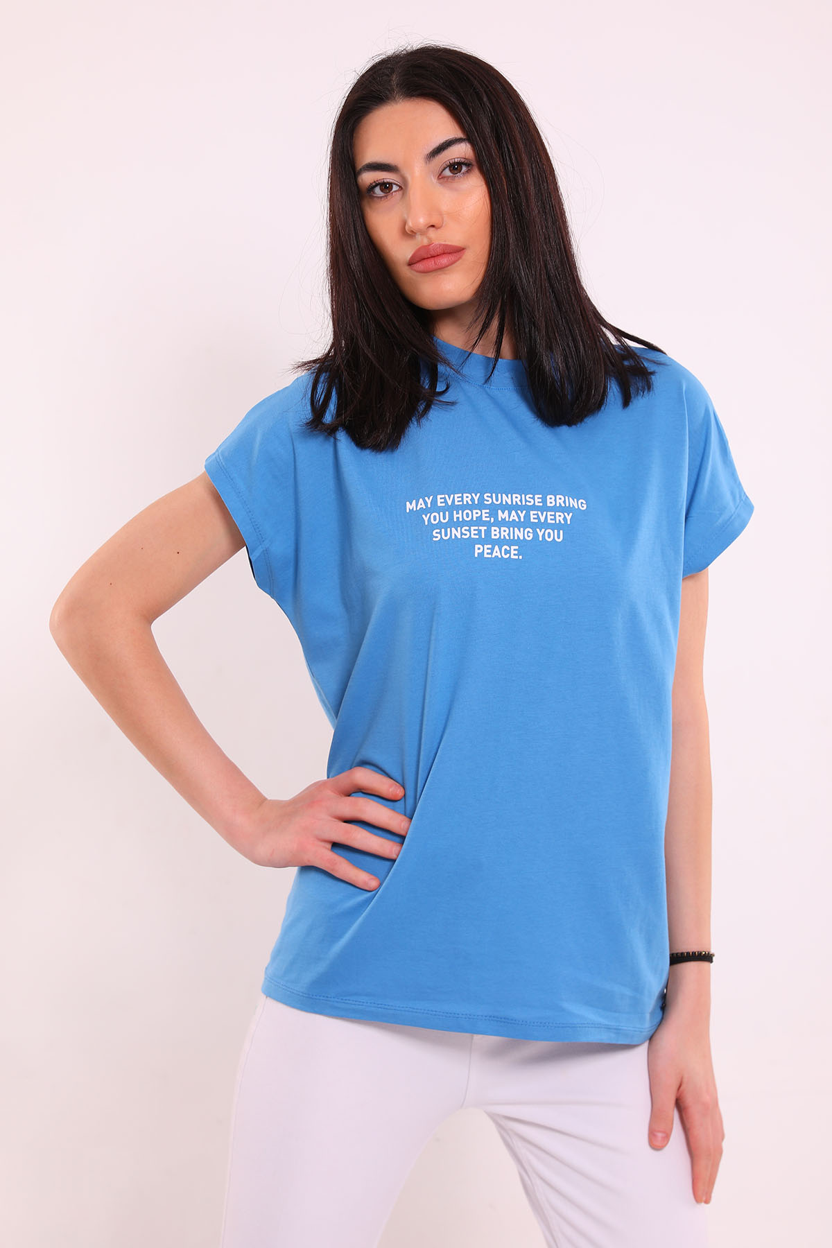 Kadın Ön Yazı Baskılı Oversize T-shirt Mavi 497959 - tozlu.com