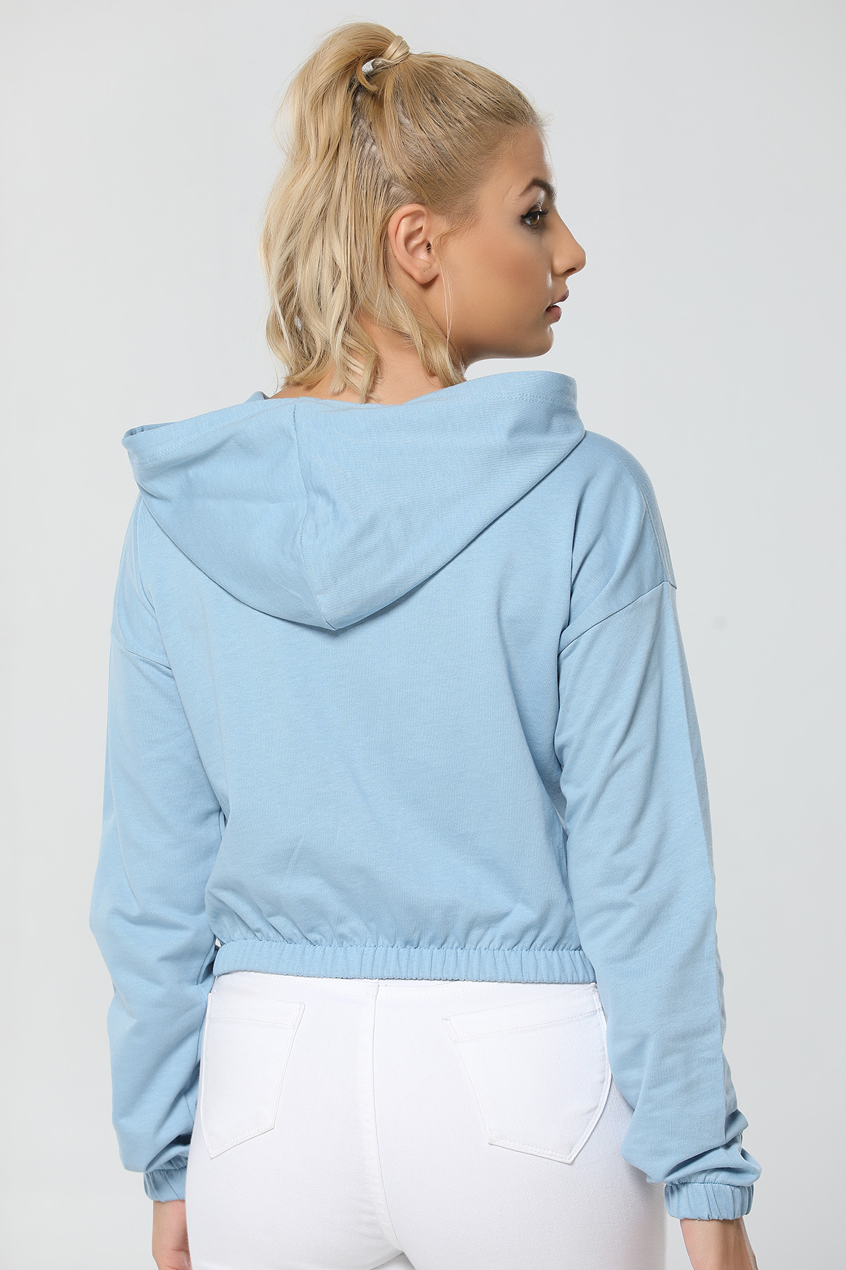 Mavi Kapüşonlu Fermuarlı Crop Kadın Sweatshirt
