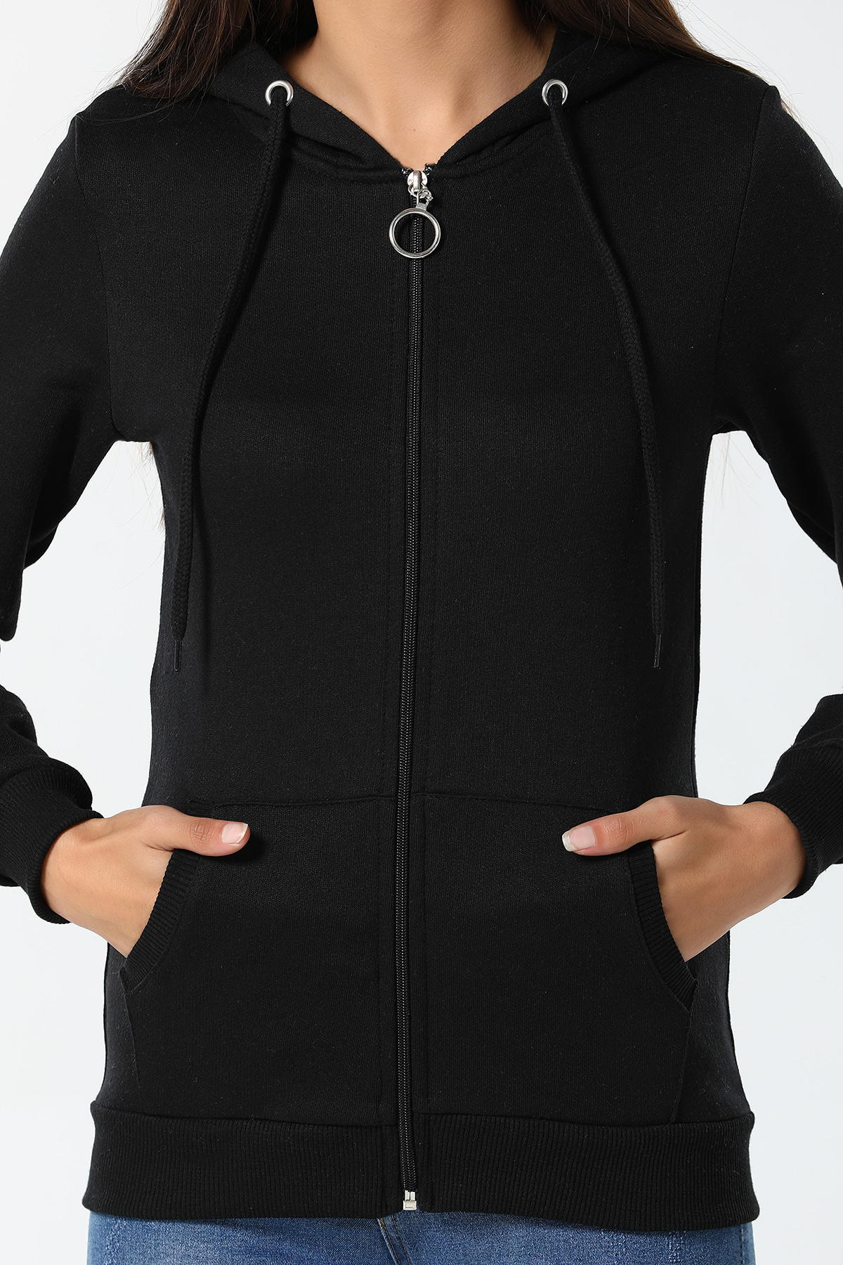 Siyah Kapüşonlu Fermuarlı Kadın Sweatshirt