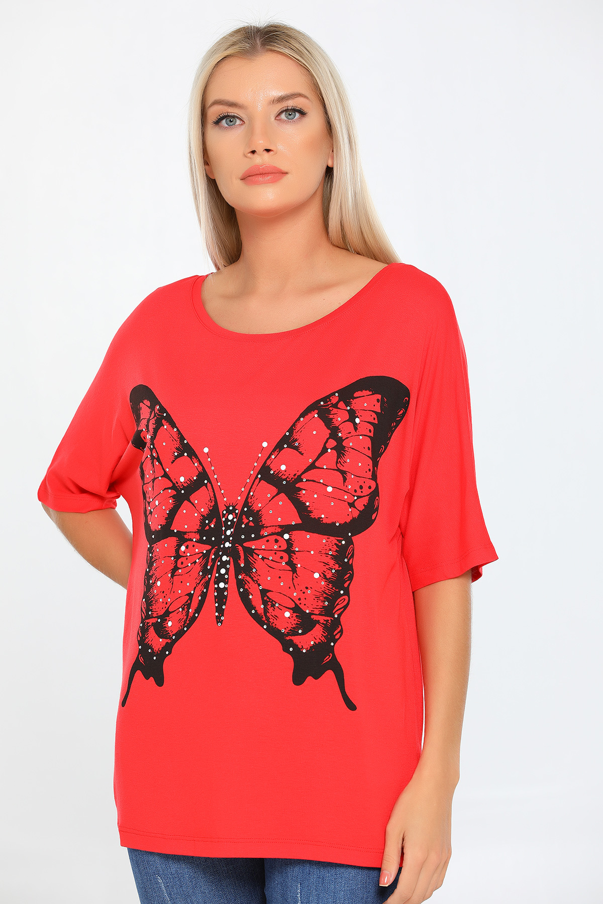 Kırmızı Kelebek Baskılı Kısa Kollu Oversize Kadın T-shirt 440860- tozlu.com