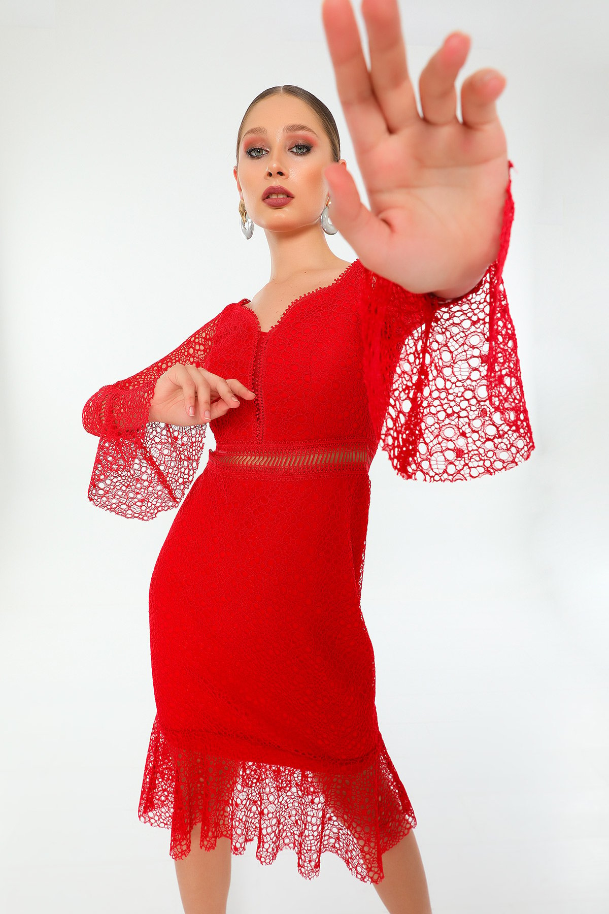 Kırmızı İspanyol Kol Dantelli Kadın Abiye Elbise 449755- tozlu.com