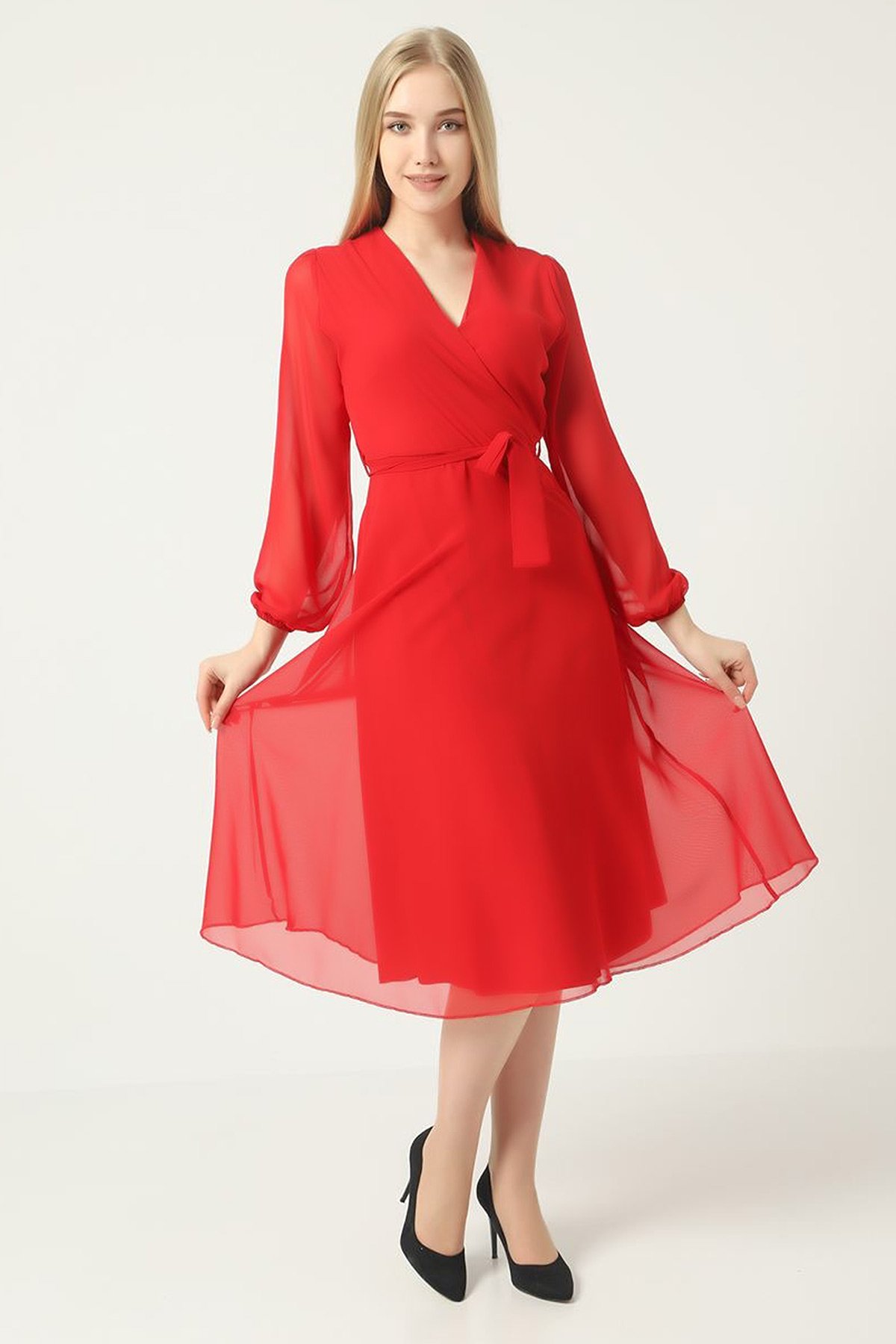 Kırmızı Kadın Anvelop Yaka İç Astarlı Midi Boy Şifon Elbise 471602- tozlu .com