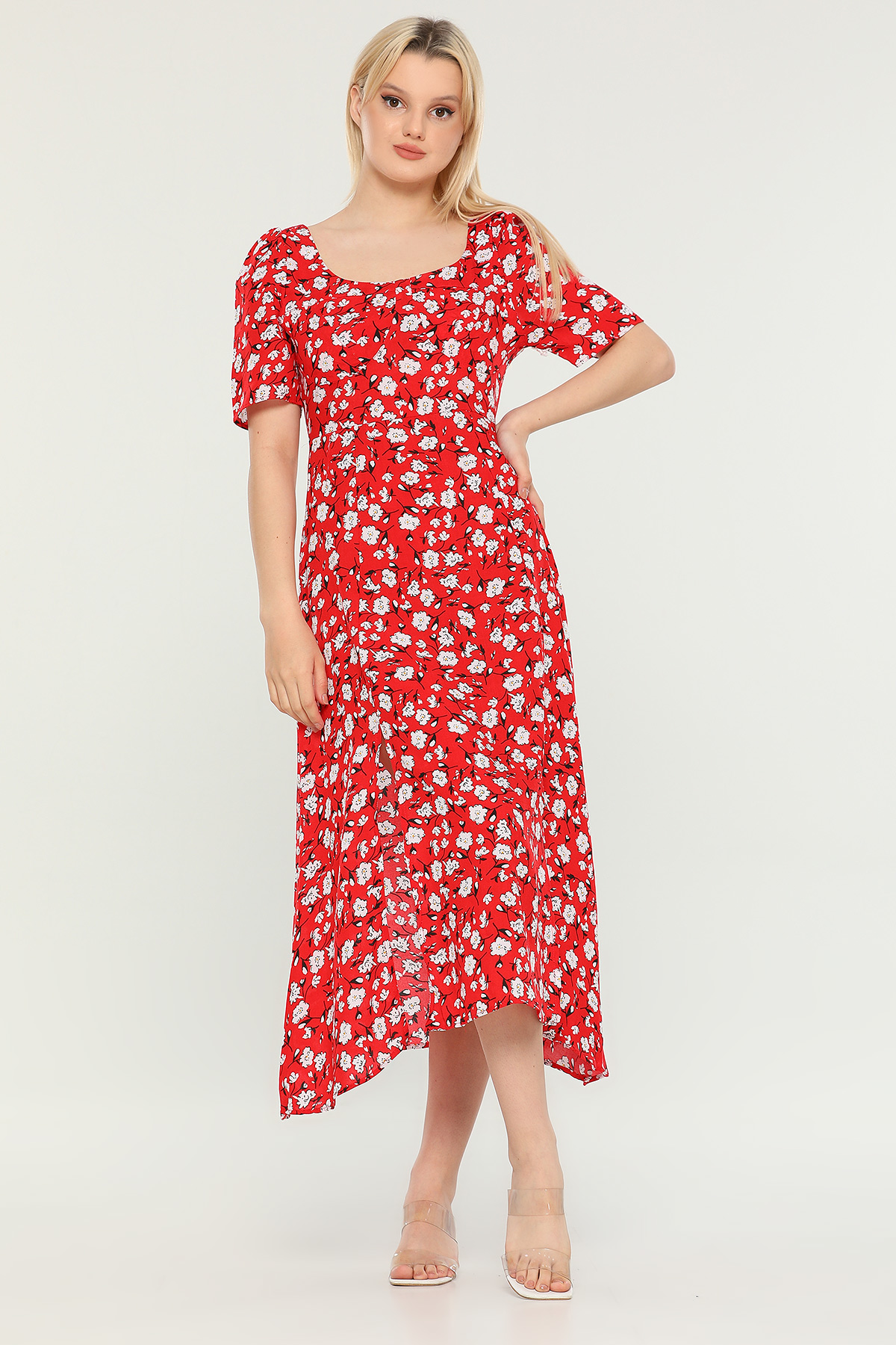 Kırmızı Kadın Kare Yaka Kısa Kollu Yırtmaçlı Desenli Yazlık Elbise 483923 -  tozlu.com
