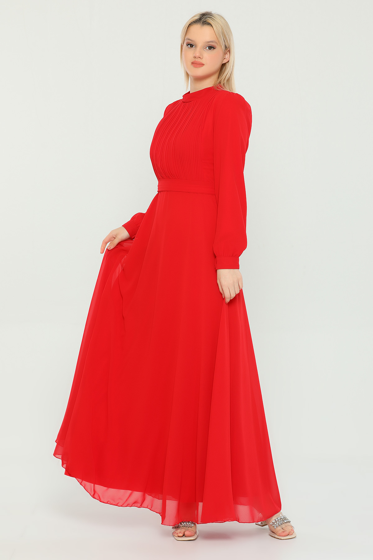 Kırmızı Kadın Modest Önü Piliseli Uzun Tesettür Şifon Elbise 447566- tozlu .com