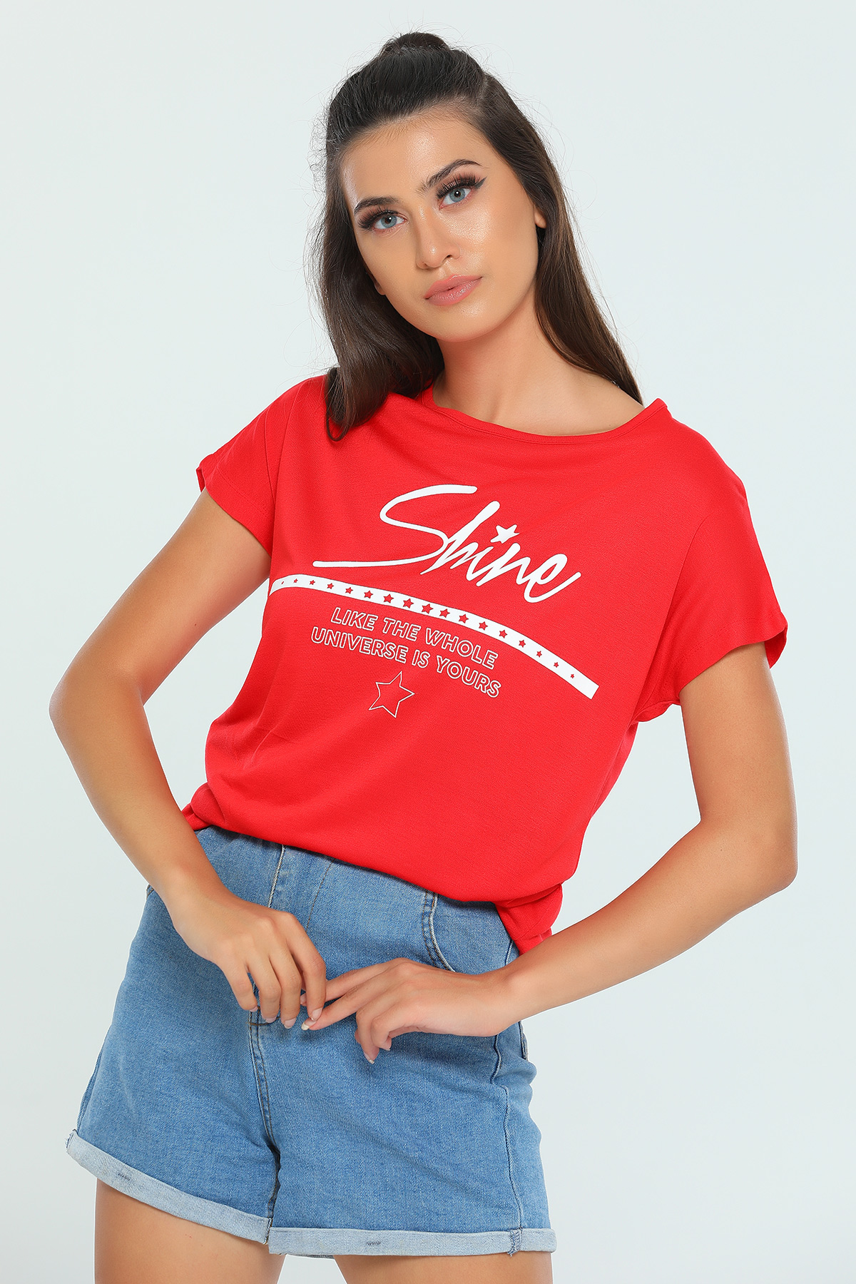 Kırmızı Kısa Kollu Likralı Kadın T-shirt 454728- tozlu.com