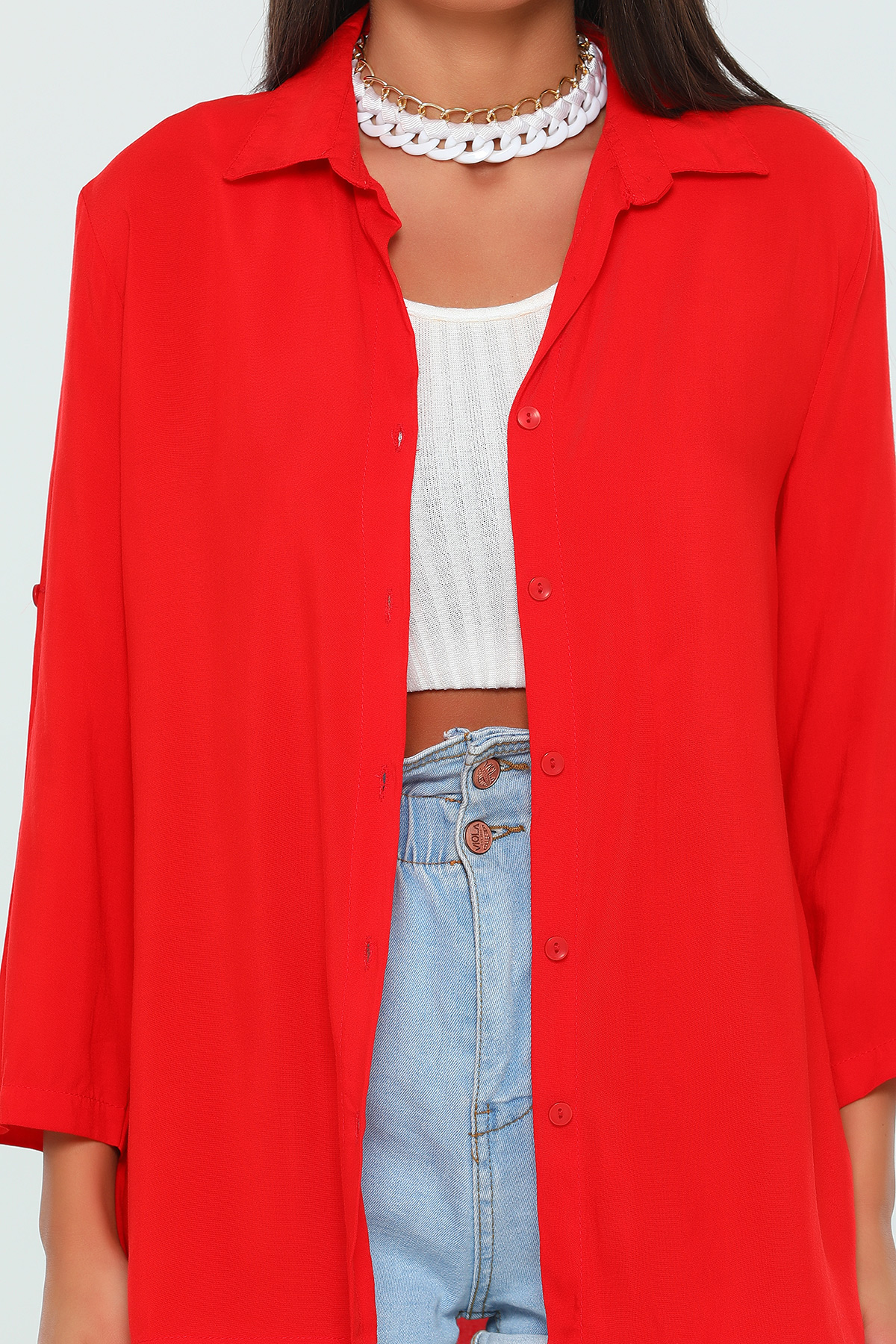 Kırmızı Kadın Slim Fit Basic Gömlek 451897- tozlu.com