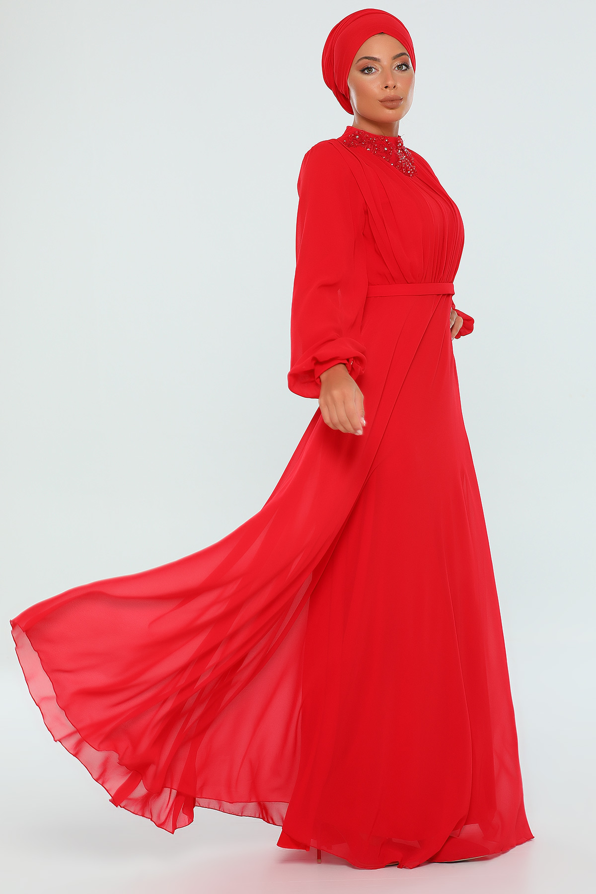Kırmızı Kadın Modest Yakası İşlemeli Uzun Tesettür Abiye Elbise 453943-  tozlu.com