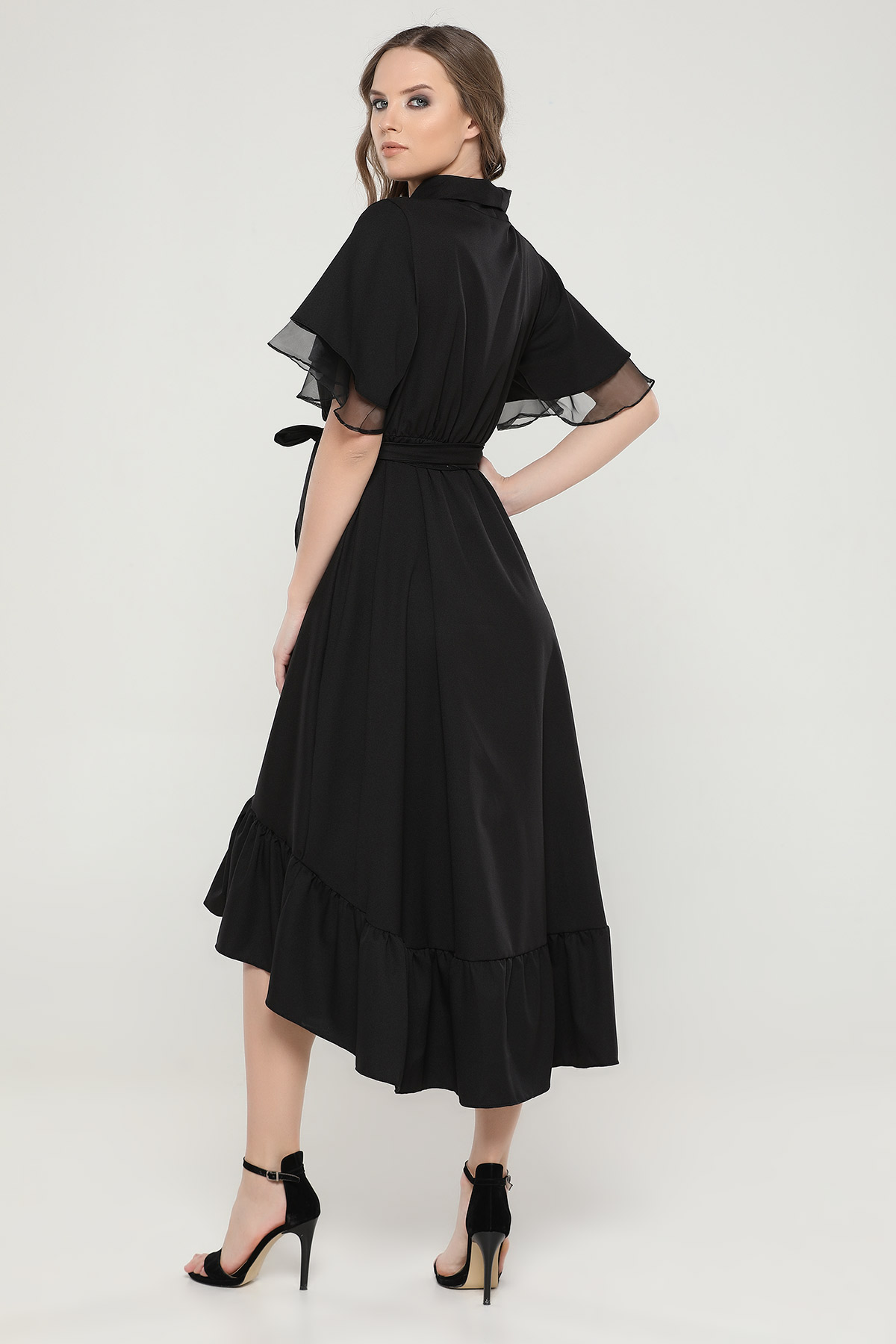 Siyah Kruvaze Yaka Kol Tül Detaylı Elbise 339730- tozlu.com