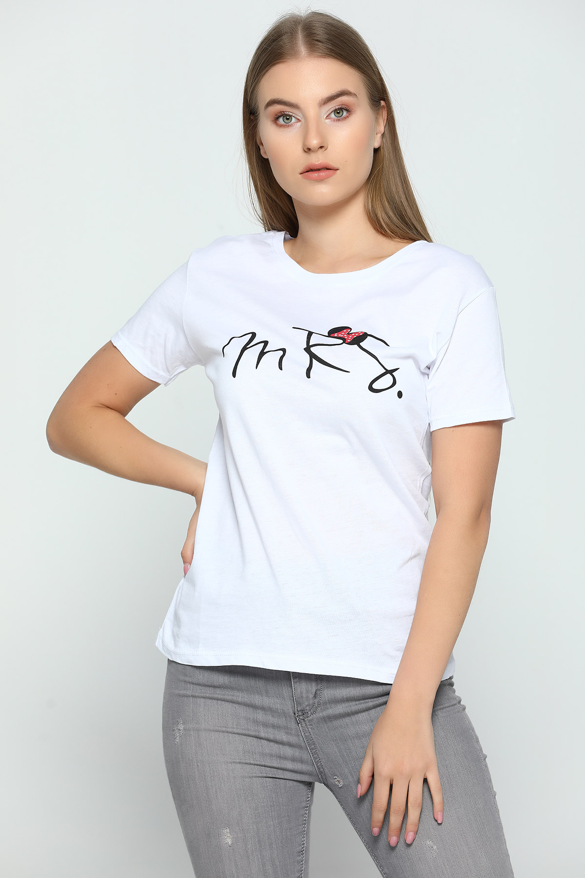 Beyaz Mrs Baskılı Sevgili Kombin Kadın T-shirt 294128- tozlu.com