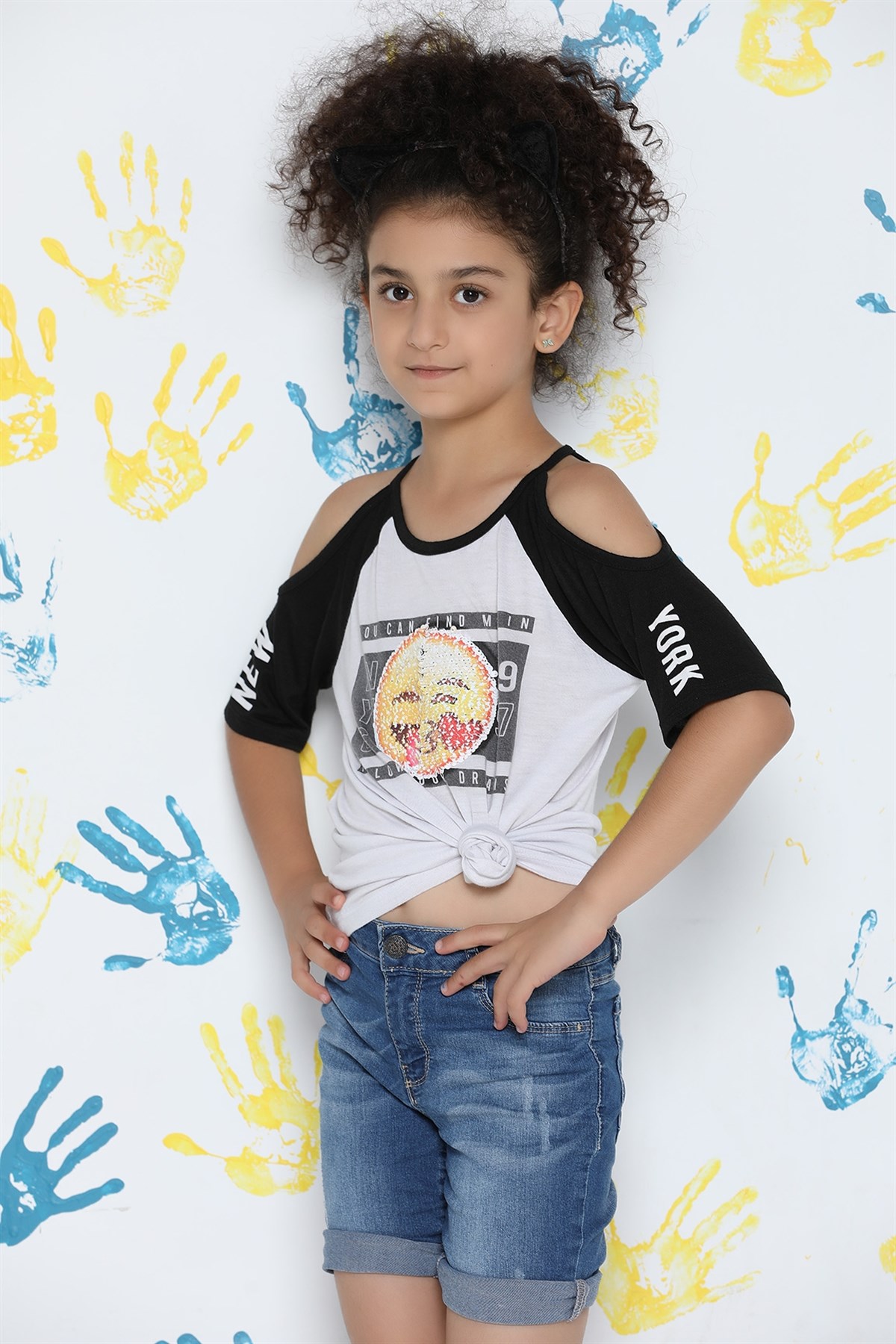 Siyah Omuz Açık Kız Çocuk T-shirt 247394- tozlu.com