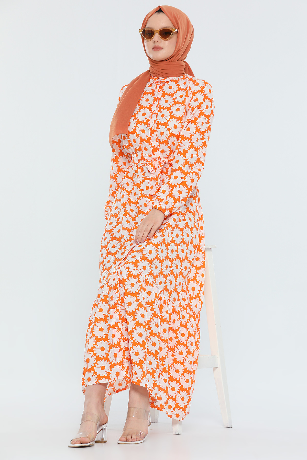 Orange Kadın Modest Desenli Uzun Tesettür Gömlek Elbise 477756 - tozlu.com
