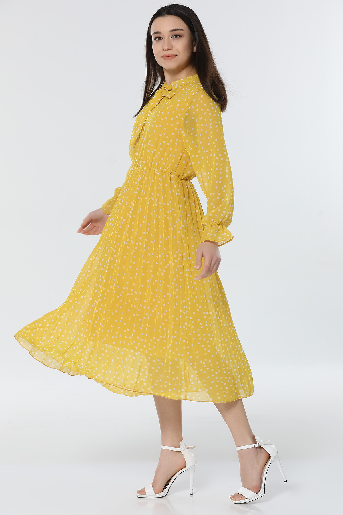 Sarı Puantiyeli Fırfırlı Elbise 367303- tozlu.com