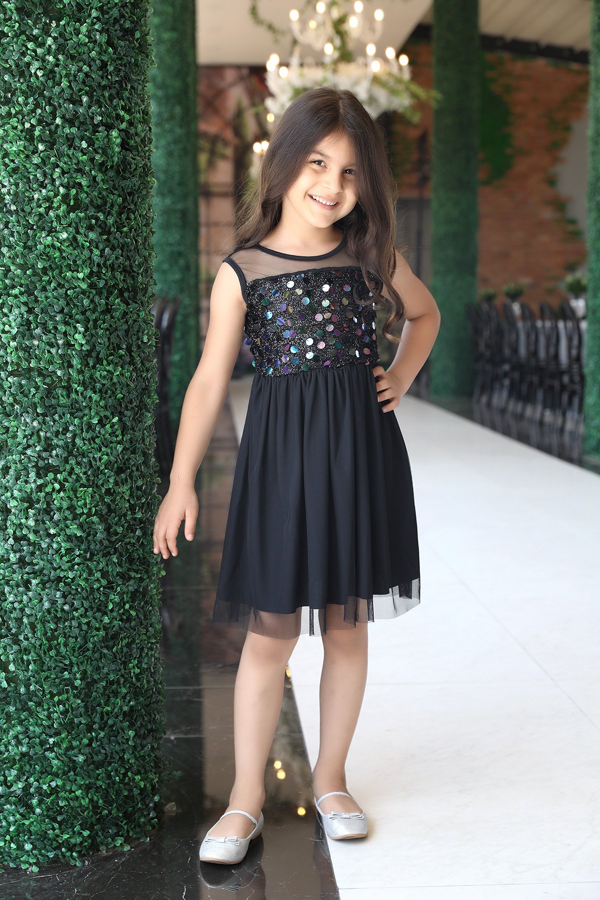 Siyah Pul Detaylı Tüllü Kız Çocuk Elbise 389218- tozlu.com
