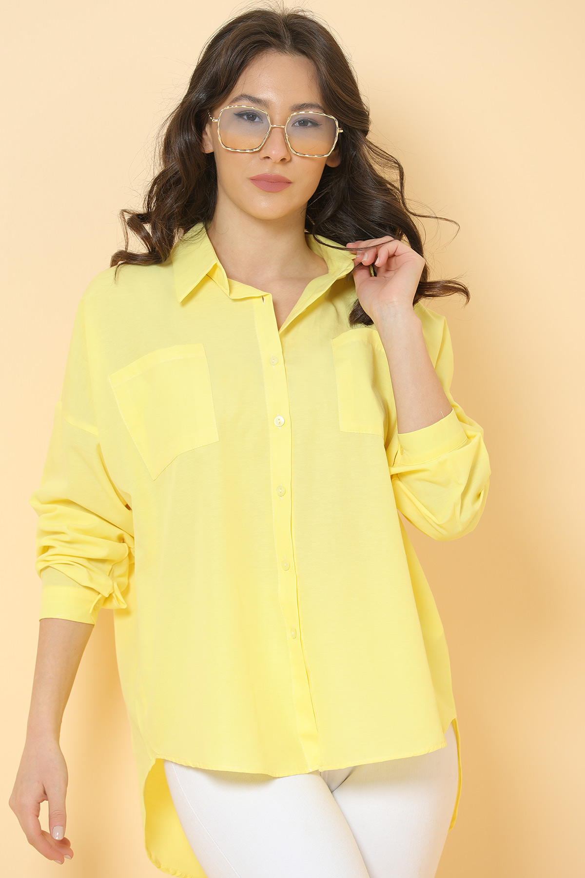 Sarı Kadın Oversize Çift Cepli Basic Gömlek 468660- tozlu.com