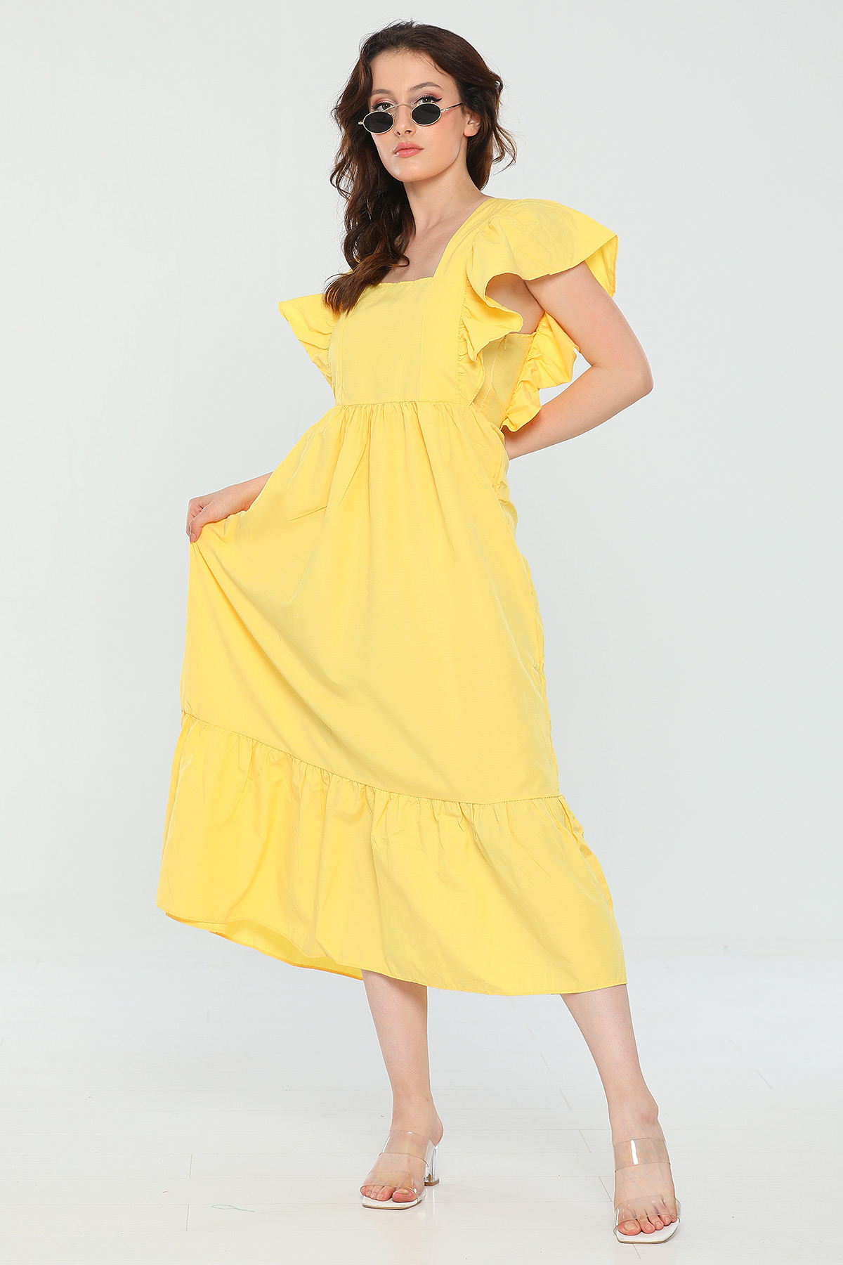 Sarı Kadın Kare Yaka Kol Fırfırlı Midi Boy Yazlık Elbise 485268 - tozlu.com