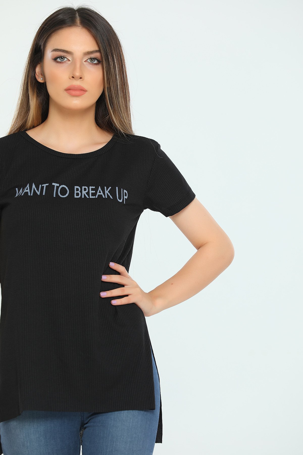 Siyah Kadın Likralı Bisiklet Yaka Break Up Baskılı T-shirt 427385- tozlu.com