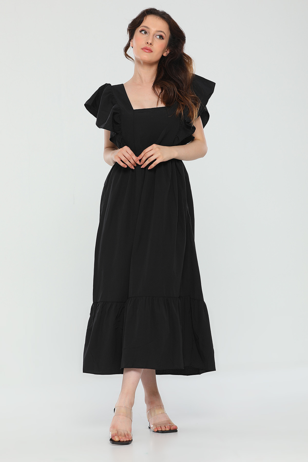 Siyah Kadın Kare Yaka Kol Fırfırlı Midi Boy Yazlık Elbise 485264 - tozlu.com