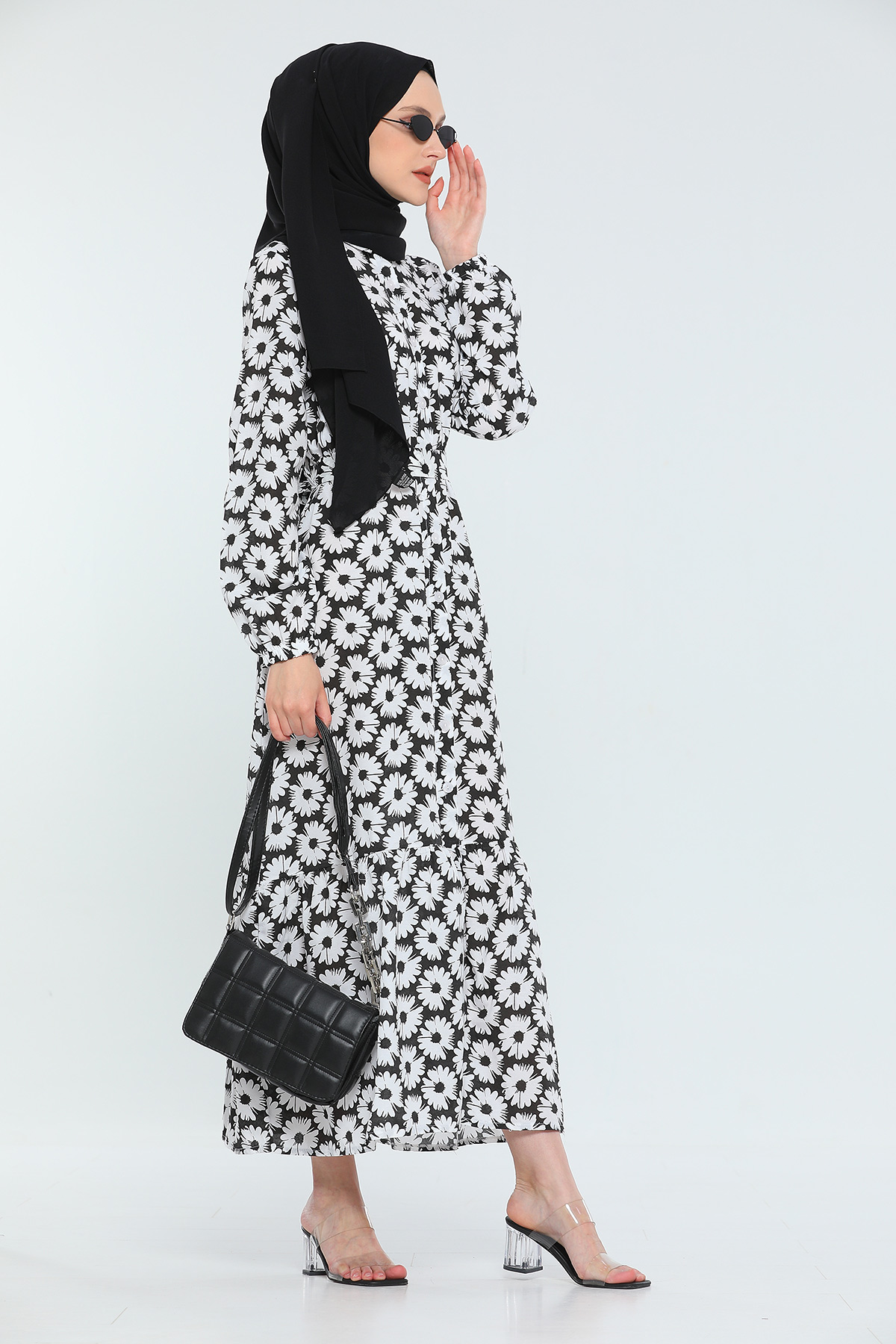 Siyah Kadın Modest Desenli Uzun Tesettür Gömlek Elbise 477752 - tozlu.com