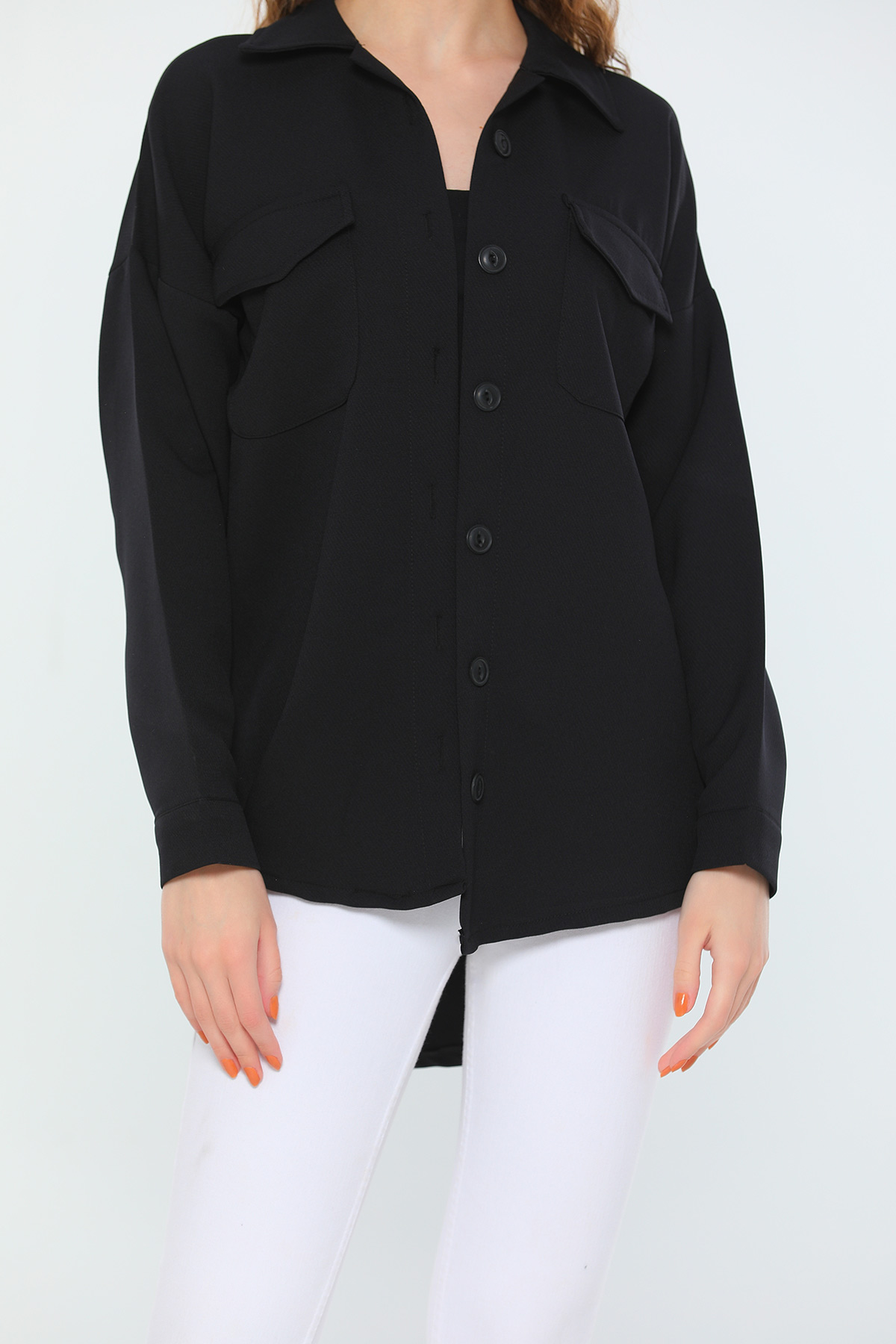 Siyah Kadın Oversize Cepli Gömlek Ceket 478199 - tozlu.com