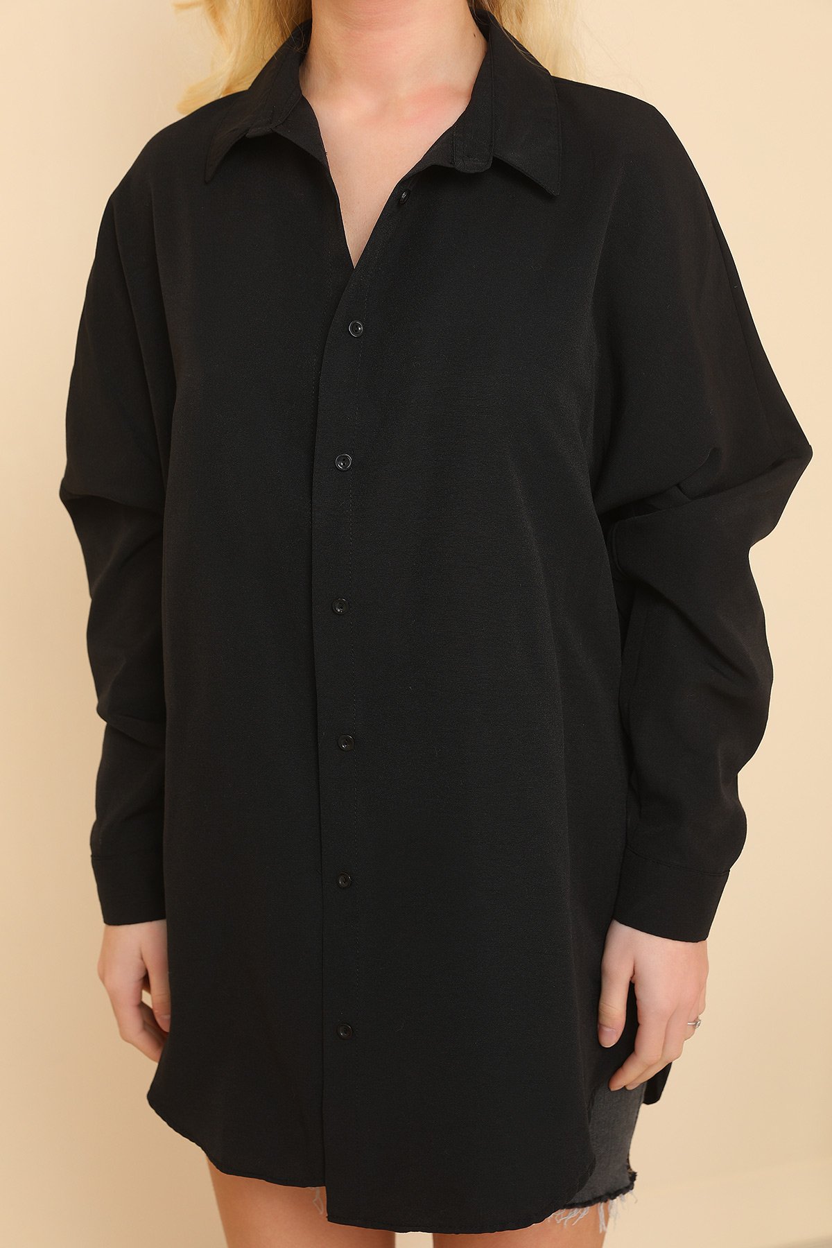 Siyah Oversize Uzun Basic Kadın Gömlek