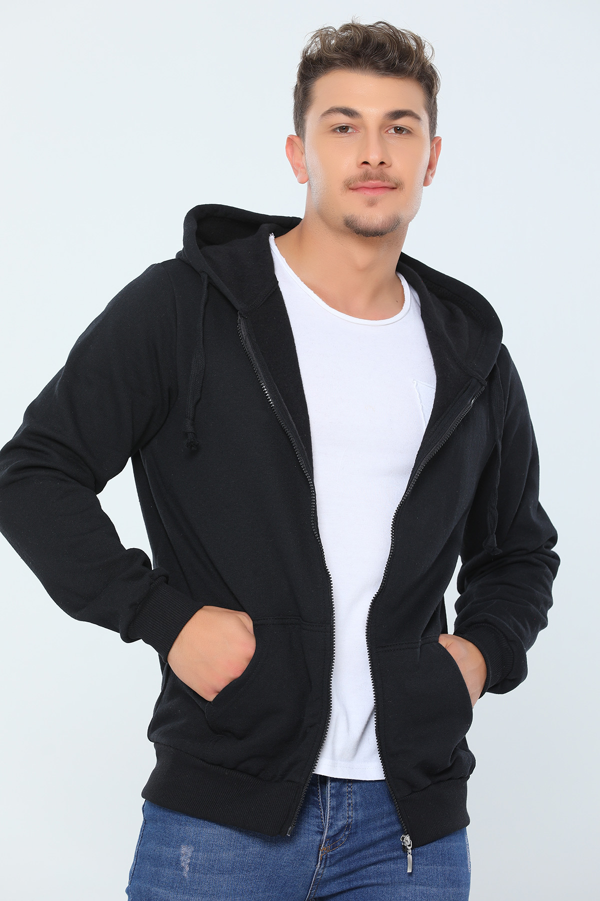 Siyah Erkek Kapüşonlu Fermuarlı Basic Sweatshirt 457109- tozlu.com