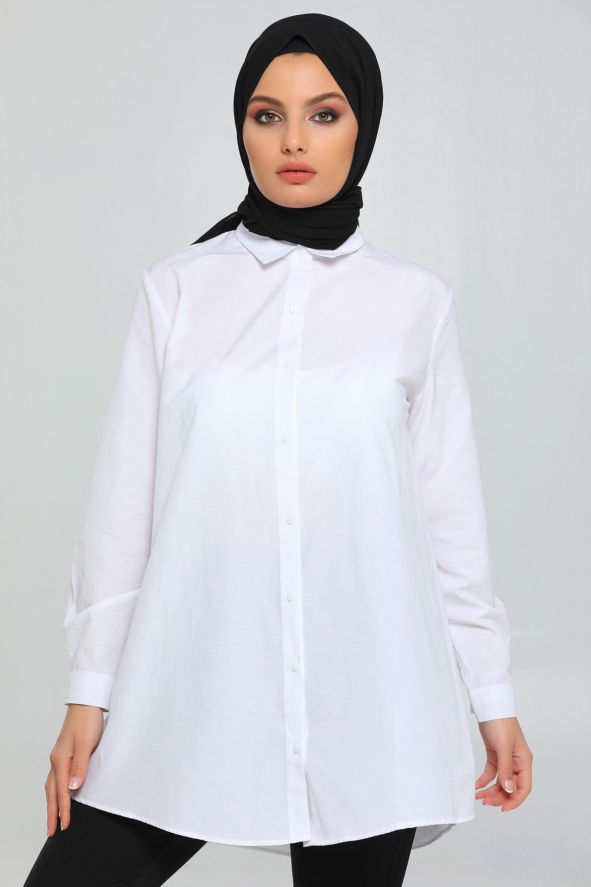 Beyaz Uzun Kollu Kadın Gömlek Tunik 439032- tozlu.com