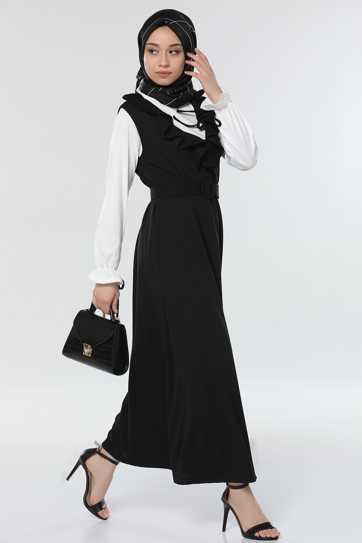 Siyah Yaka Fırfır Detaylı Jile Takım Elbise 368981- tozlu.com